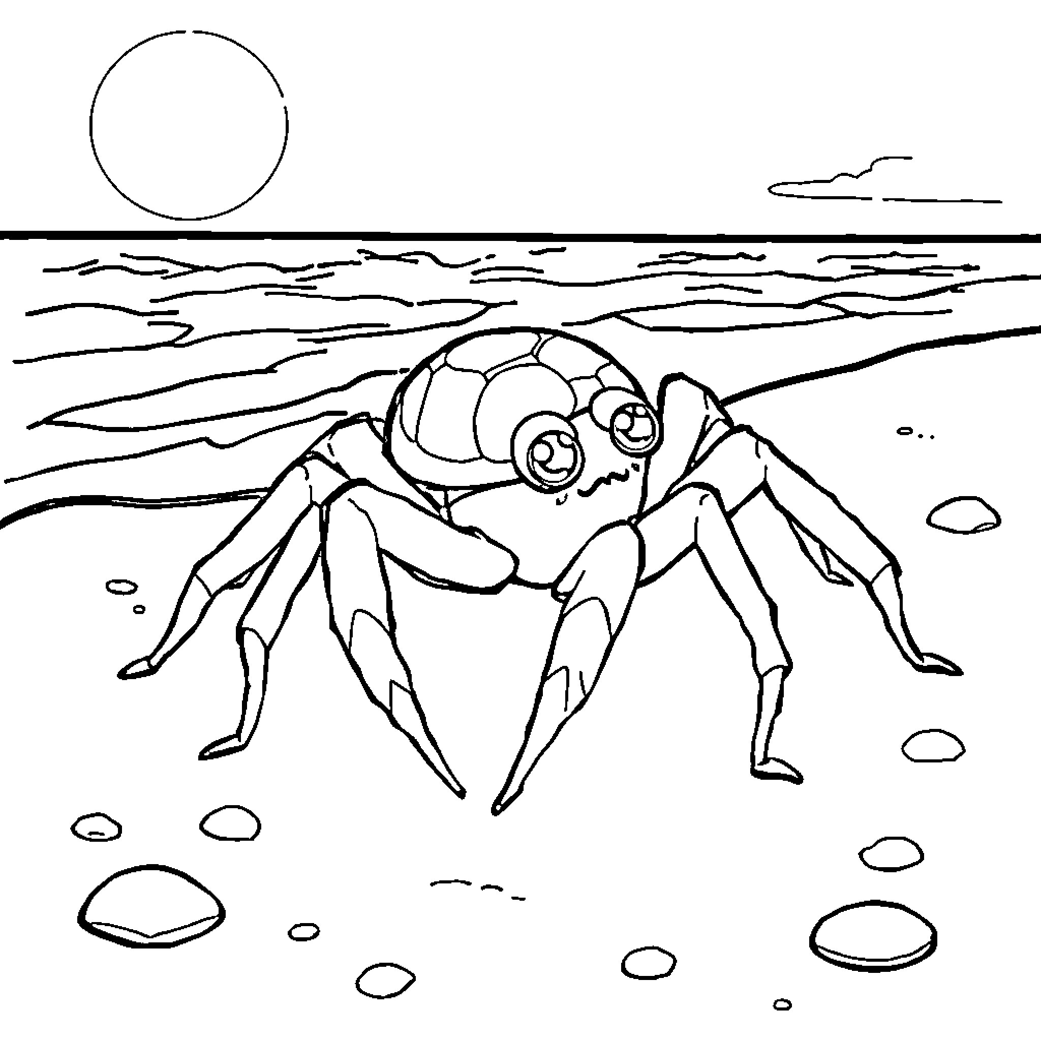 Spider exploring the vast ocean landscape Coloring Page (free black-and-white line drawing printable PDF for all, from beginners to advanced learners, including children, teens, adults, and seniors)