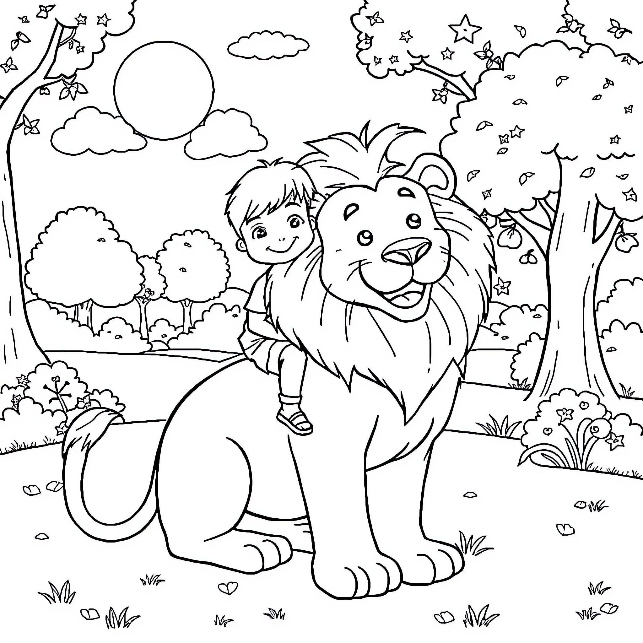 Kid explores forest with friendly lion Coloring Page (free black-and-white line drawing printable PDF for all, from beginners to advanced learners, including children, teens, adults, and seniors)