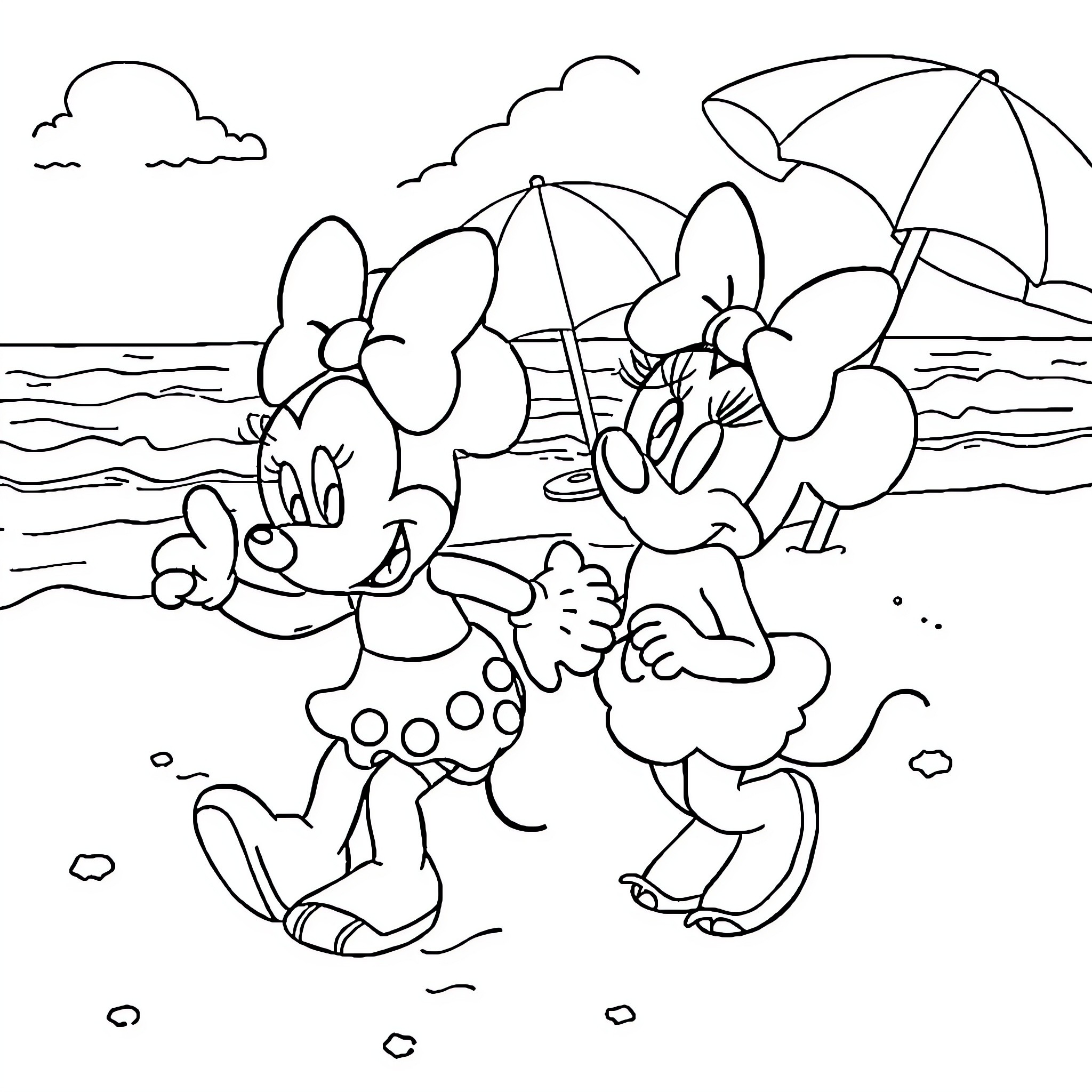 Minnie and Daisy enjoying a day at the beach Coloring Page (free black-and-white line drawing printable PDF for all, from beginners to advanced learners, including children, teens, adults, and seniors)