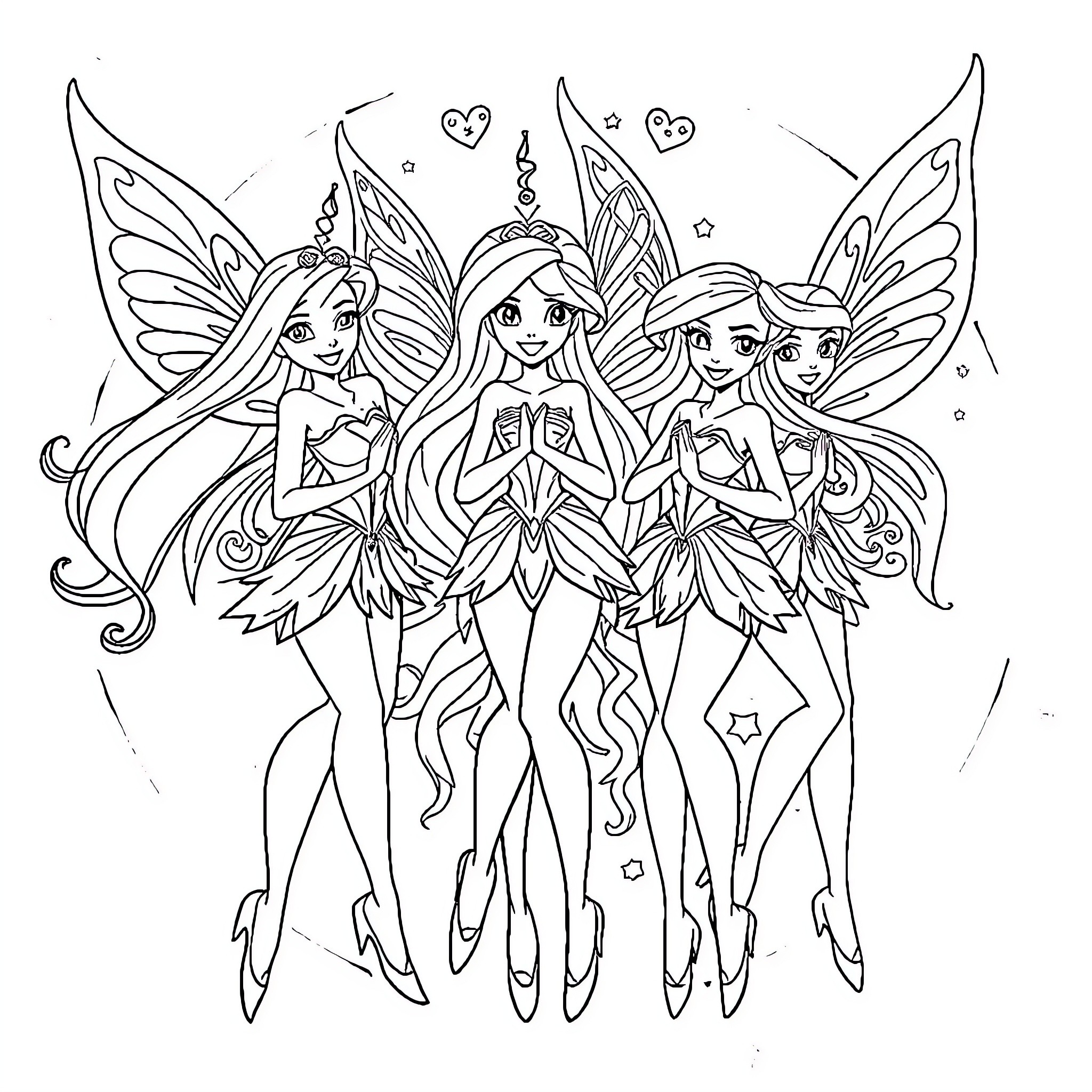 Winx Fairies in Enchanting Poses Coloring Page (free black-and-white line drawing printable PDF for all, from beginners to advanced learners, including children, teens, adults, and seniors)