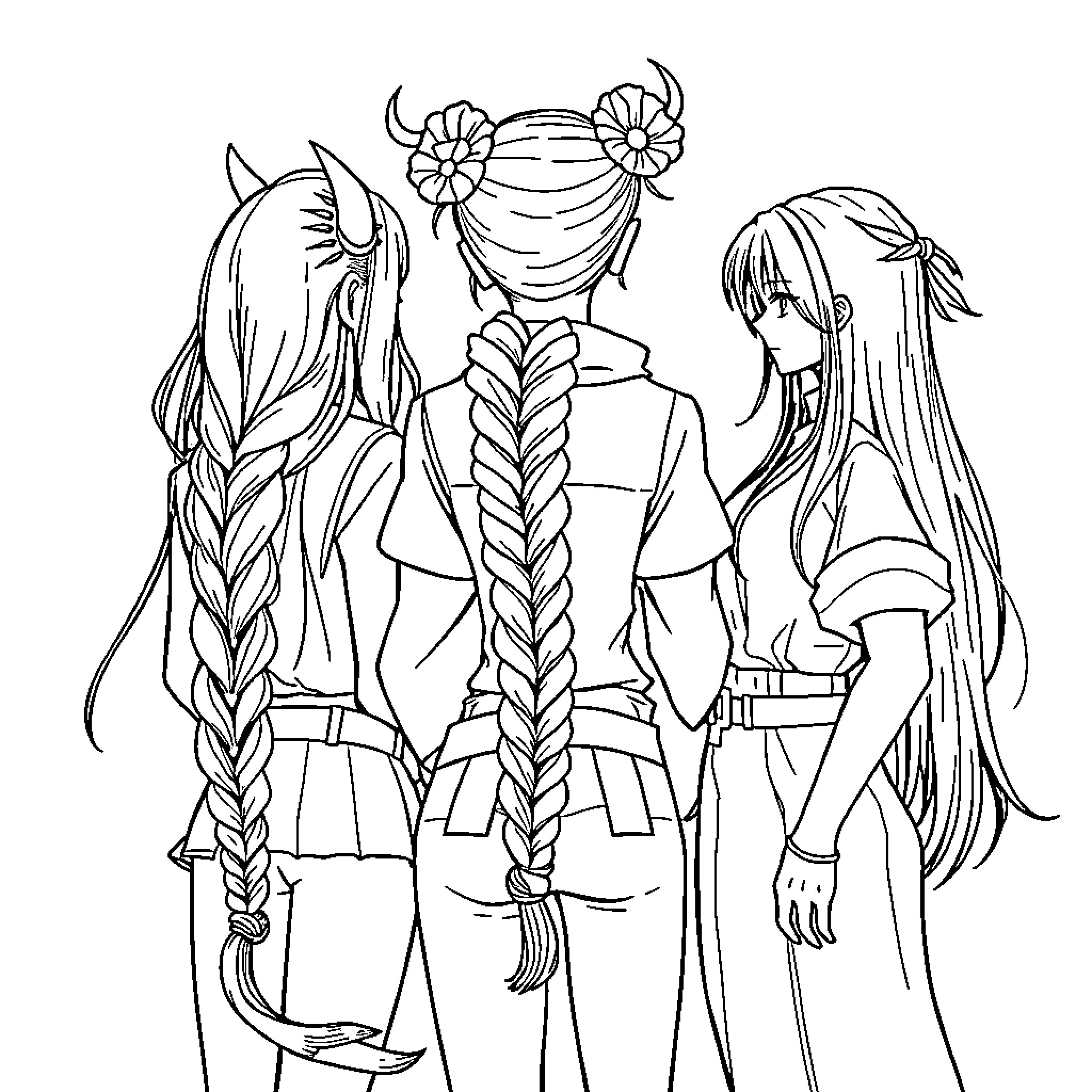 Demon Hunter trio in heroic poses Coloring Page (free black-and-white line drawing printable PDF for all, from beginners to advanced learners, including children, teens, adults, and seniors)