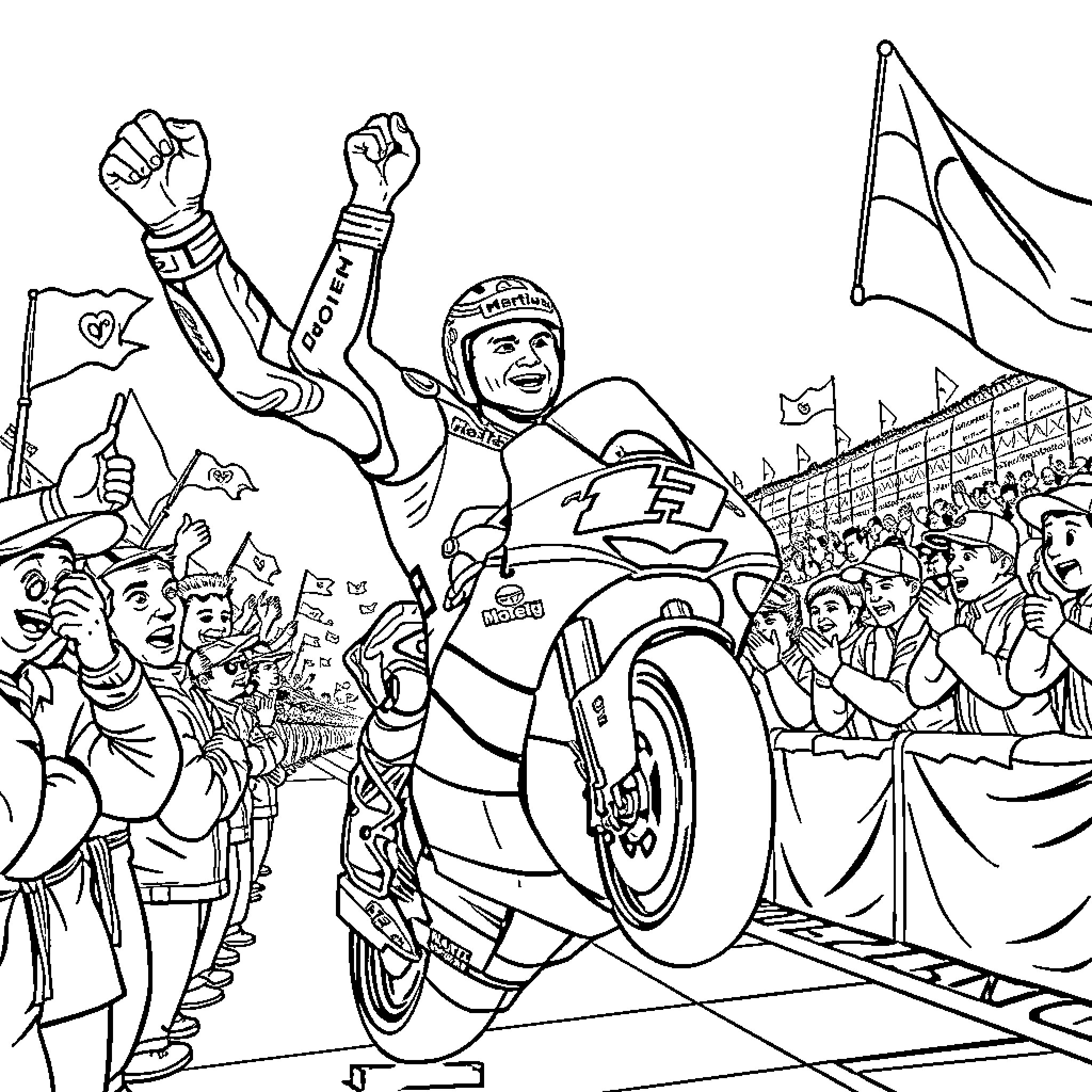 Marc Marquez celebrating victory on the race track Coloring Page (free black-and-white line drawing printable PDF for all, from beginners to advanced learners, including children, teens, adults, and seniors)