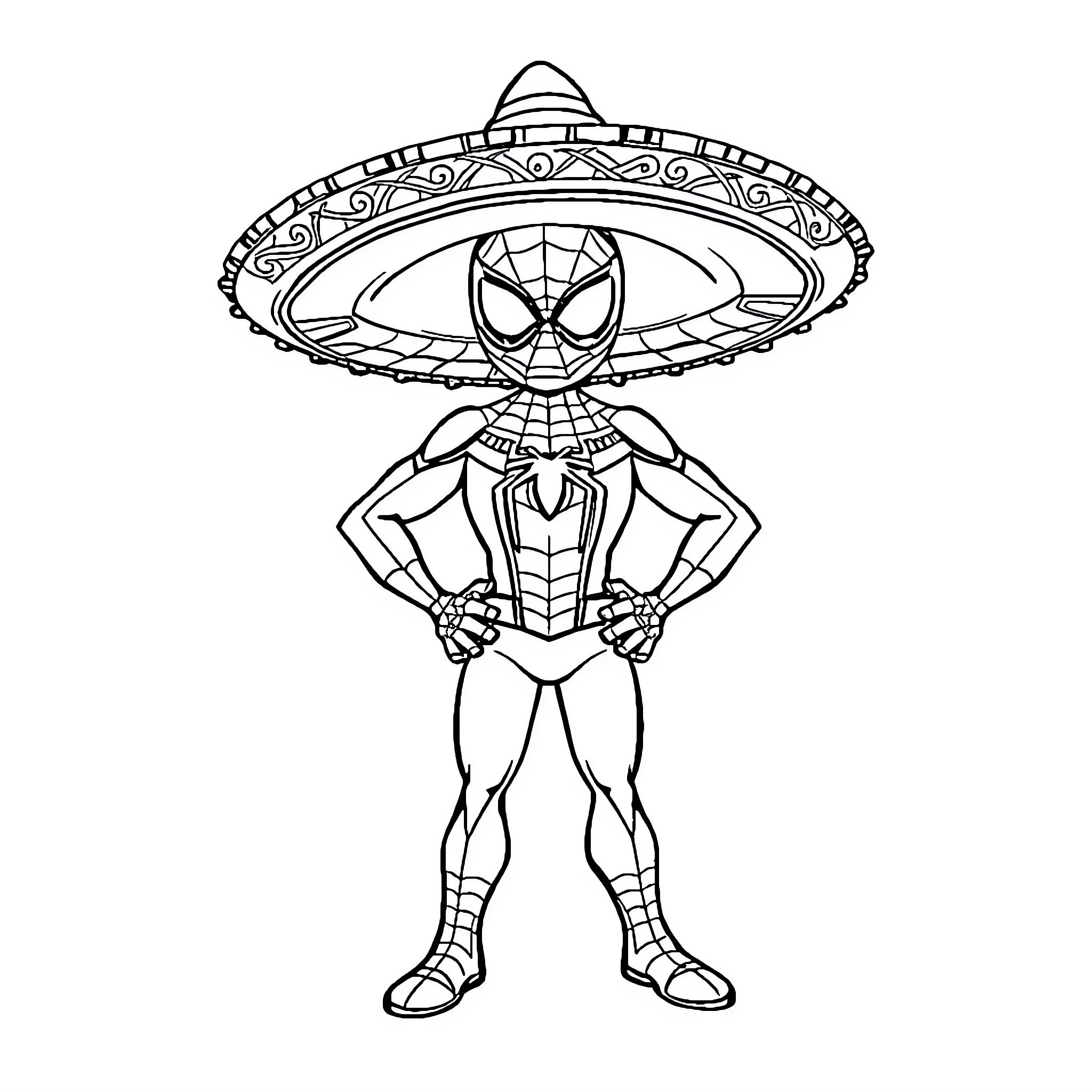 Spider-Man wearing a sombrero and posing confidently Coloring Page (free black-and-white line drawing printable PDF for all, from beginners to advanced learners, including children, teens, adults, and seniors)