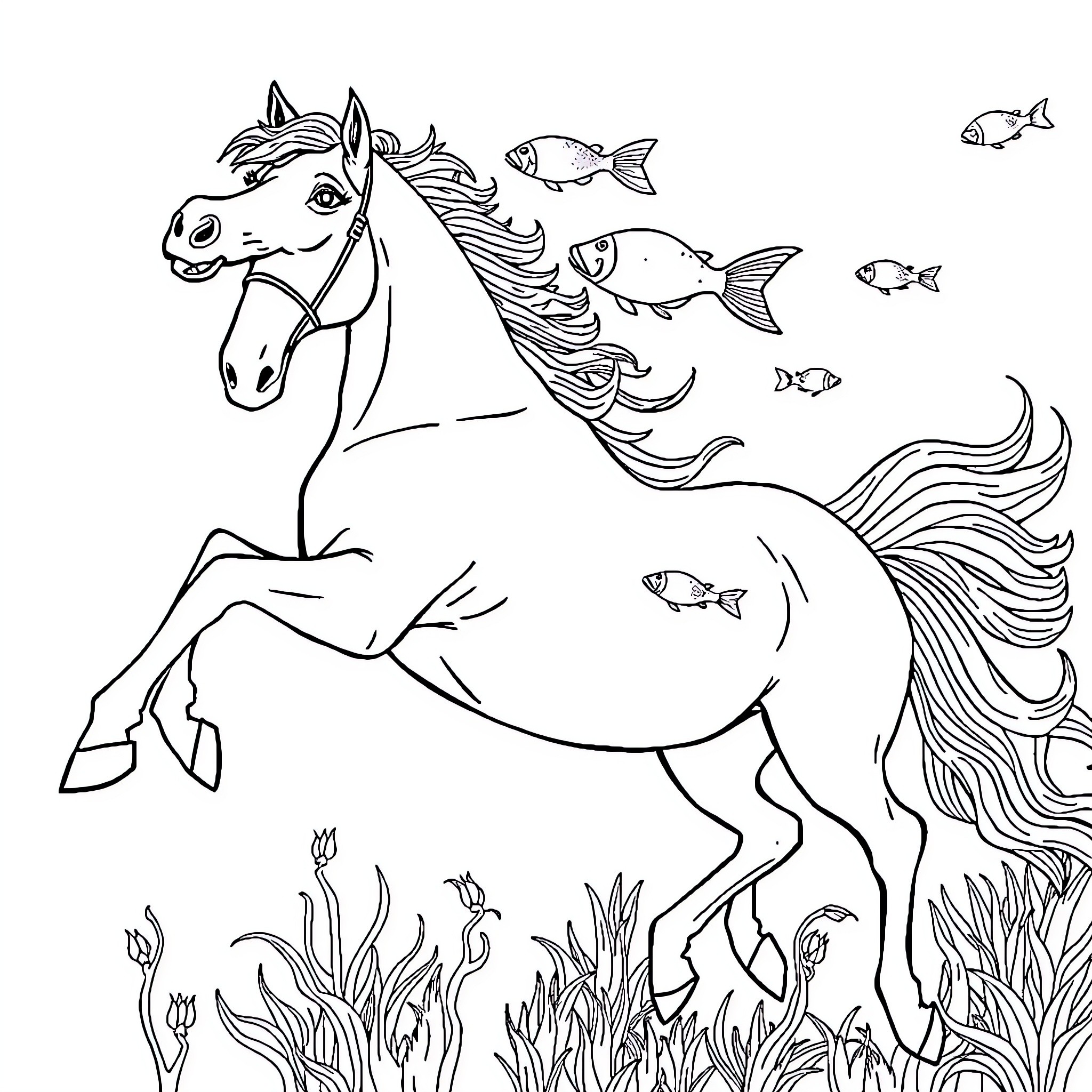 Fish-inspired Horse Galloping Amidst Marine Life Coloring Page (free black-and-white line drawing printable PDF for all, from beginners to advanced learners, including children, teens, adults, and seniors)