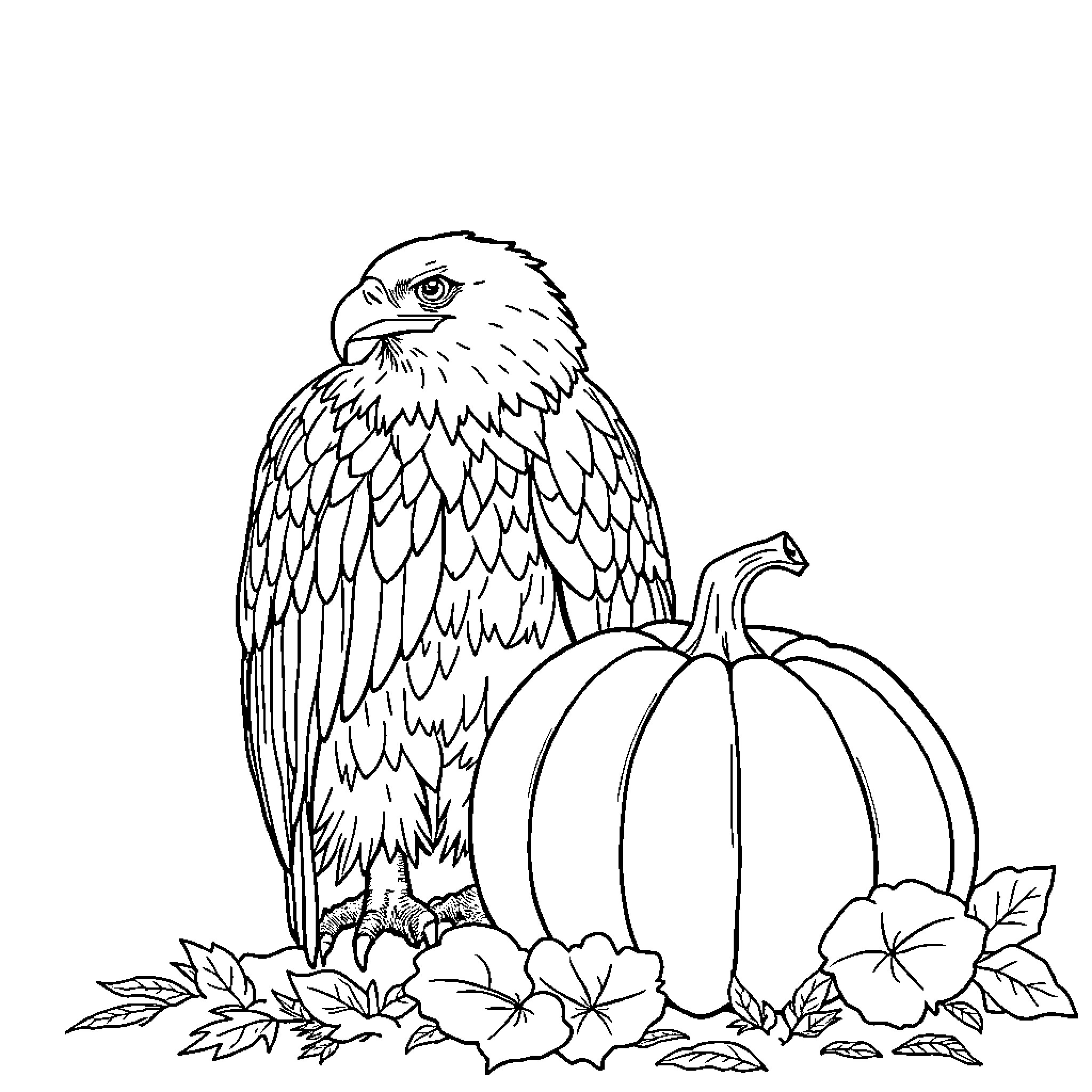 Eagle perched with pumpkins and fall foliage Coloring Page (free black-and-white line drawing printable PDF for all, from beginners to advanced learners, including children, teens, adults, and seniors)