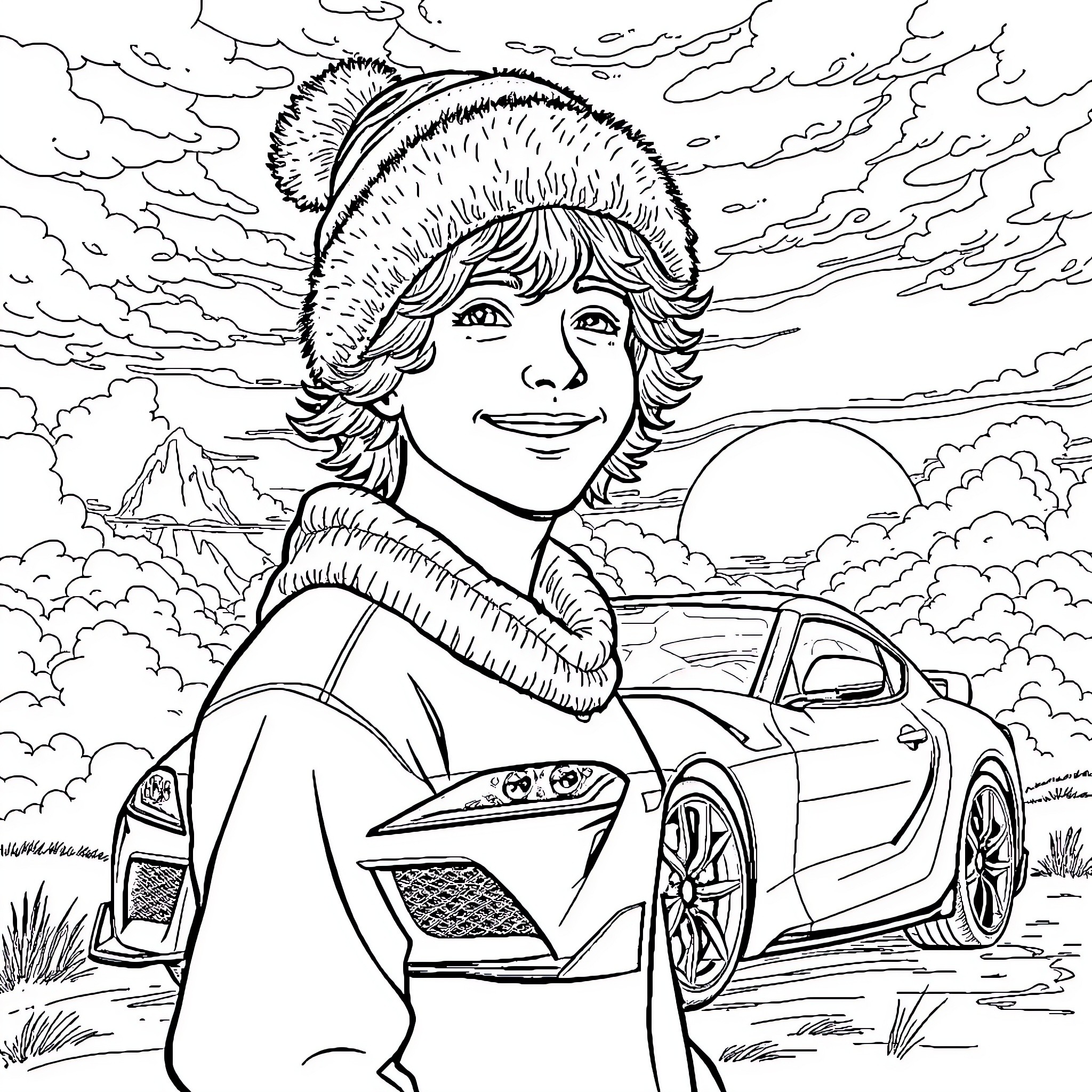 Young Man Enjoying Snowy Landscape with Sports Car Coloring Page (free black-and-white line drawing printable PDF for all, from beginners to advanced learners, including children, teens, adults, and seniors)