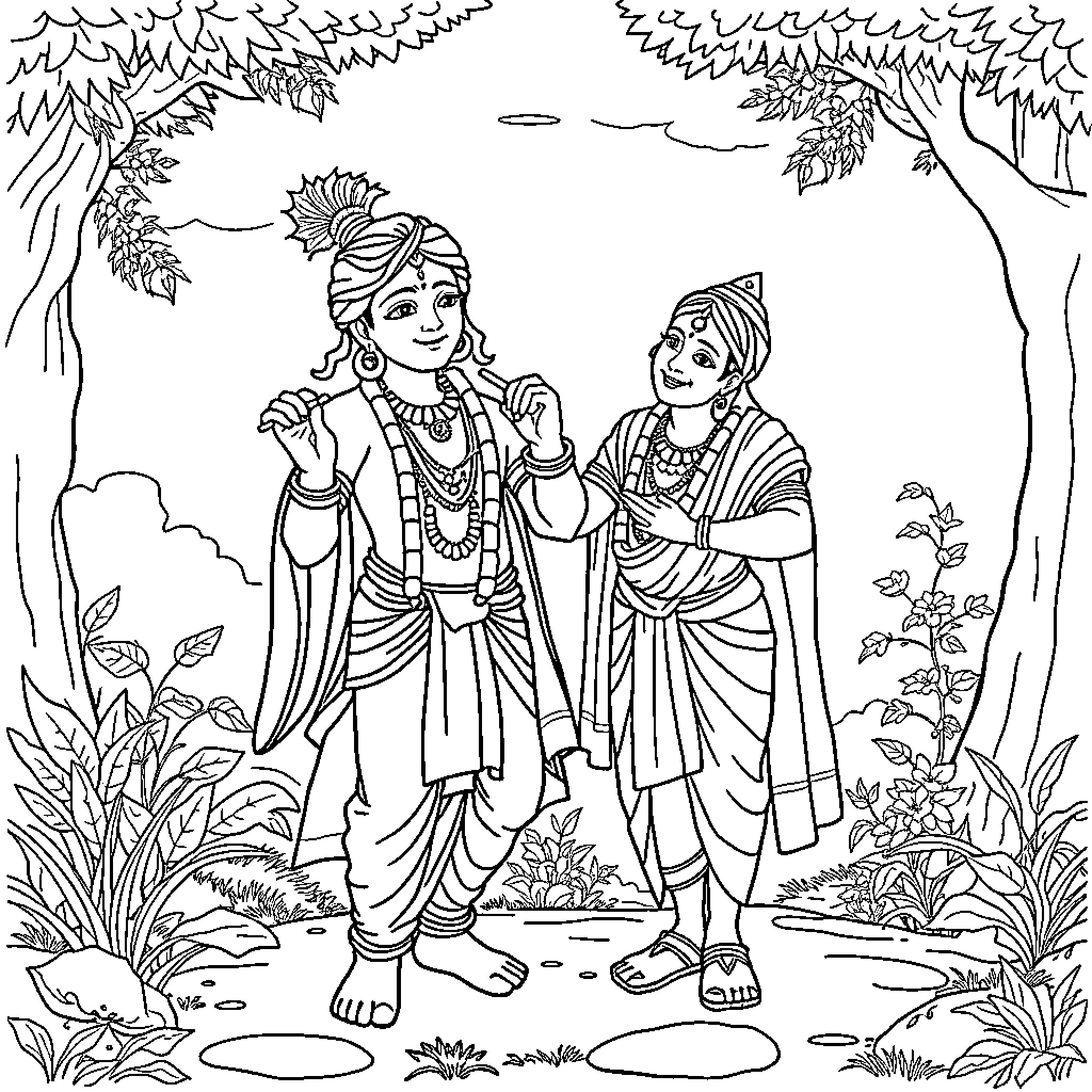 Krishna and Radha enjoying the forest scenery Coloring Page (free black-and-white line drawing printable PDF for all, from beginners to advanced learners, including children, teens, adults, and seniors)