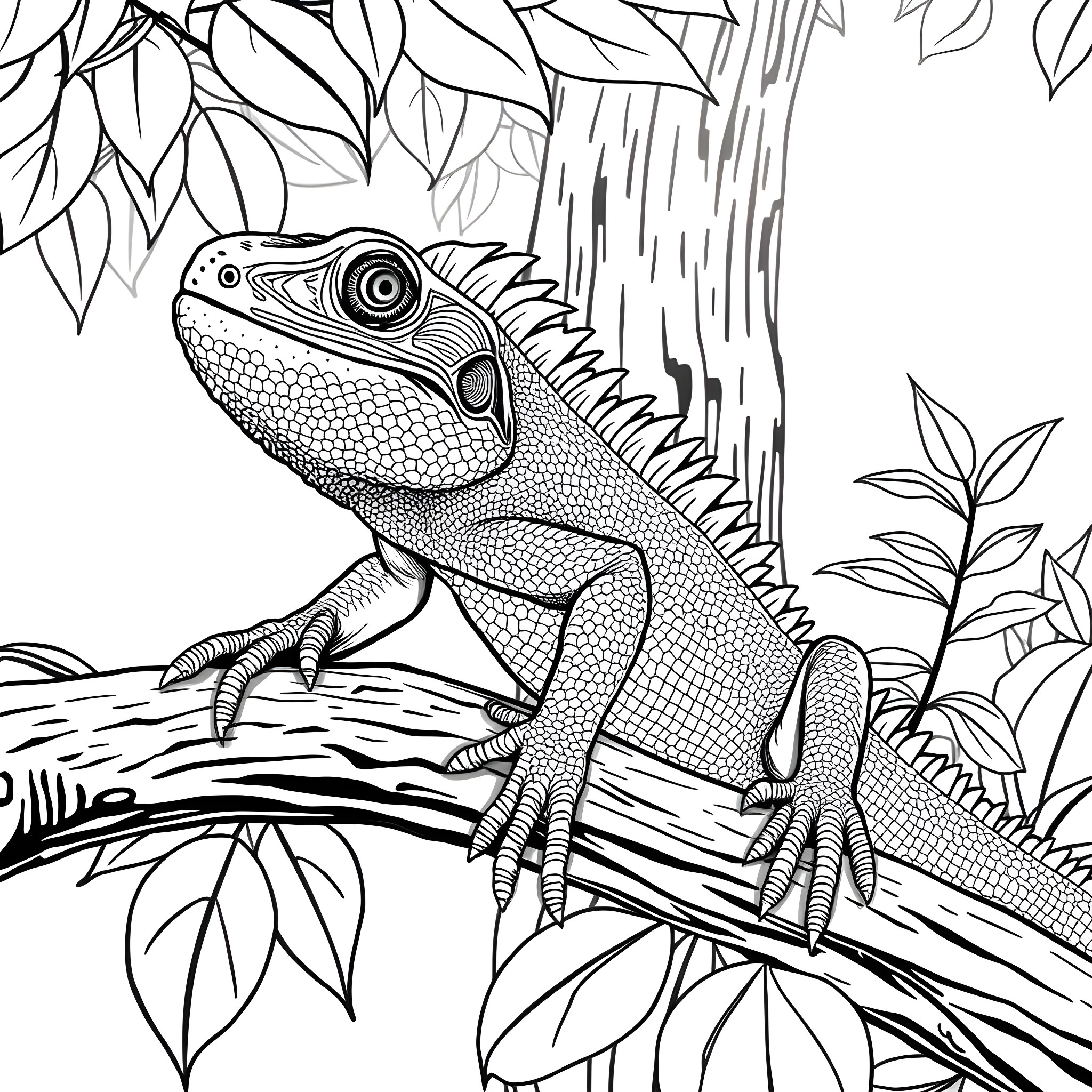 Lizard exploring lush vegetation Coloring Page (free black-and-white line drawing printable PDF for all, from beginners to advanced learners, including children, teens, adults, and seniors)