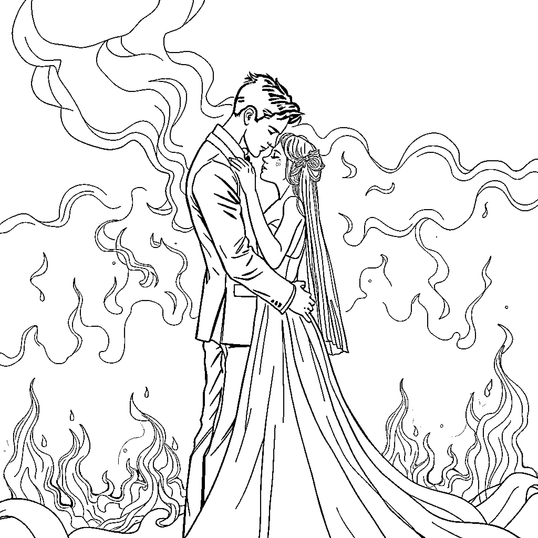 Bride and Groom in Romantic Embrace Coloring Page (free black-and-white line drawing printable PDF for all, from beginners to advanced learners, including children, teens, adults, and seniors)