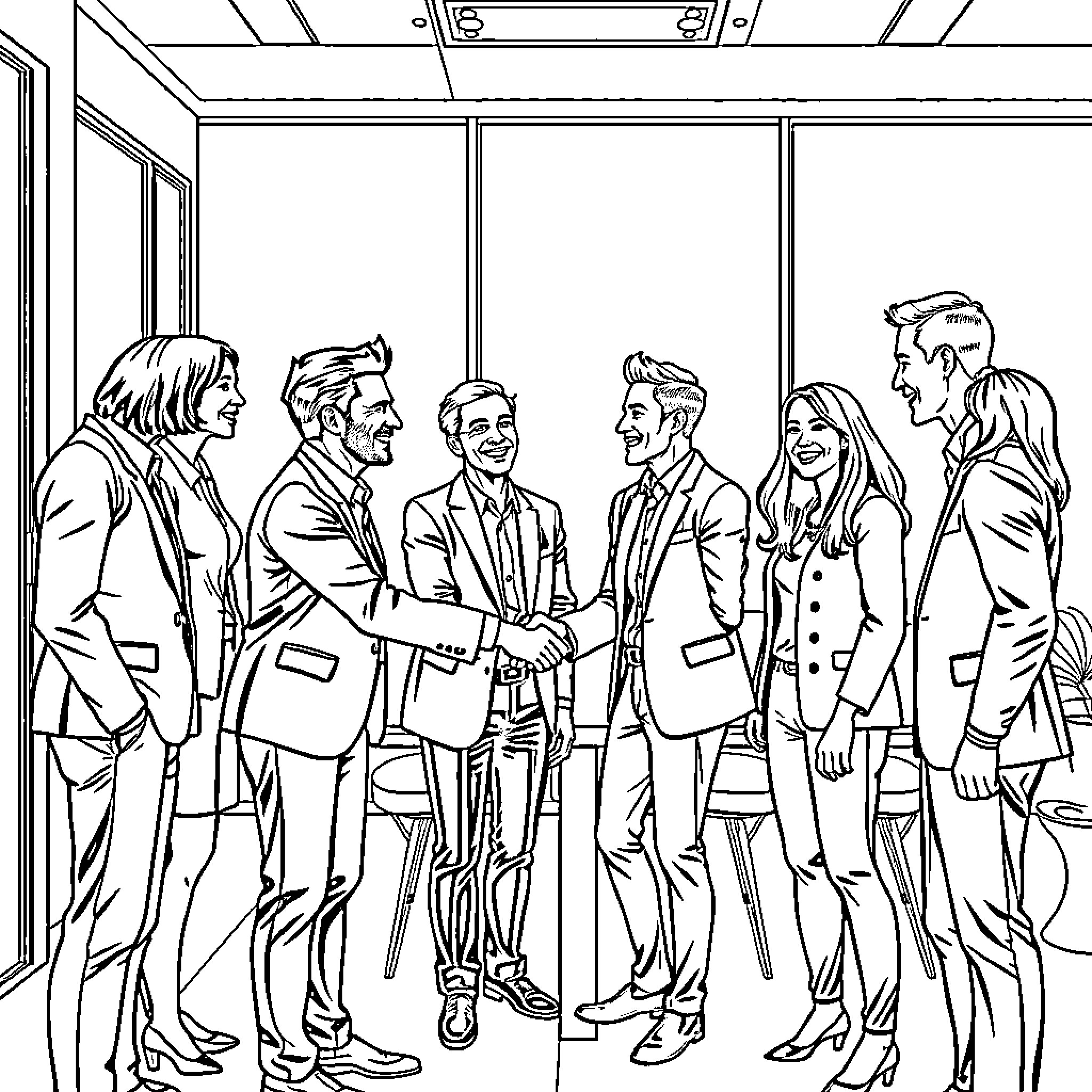Colleagues in formal attire shaking hands and conversing Coloring Page (free black-and-white line drawing printable PDF for all, from beginners to advanced learners, including children, teens, adults, and seniors)
