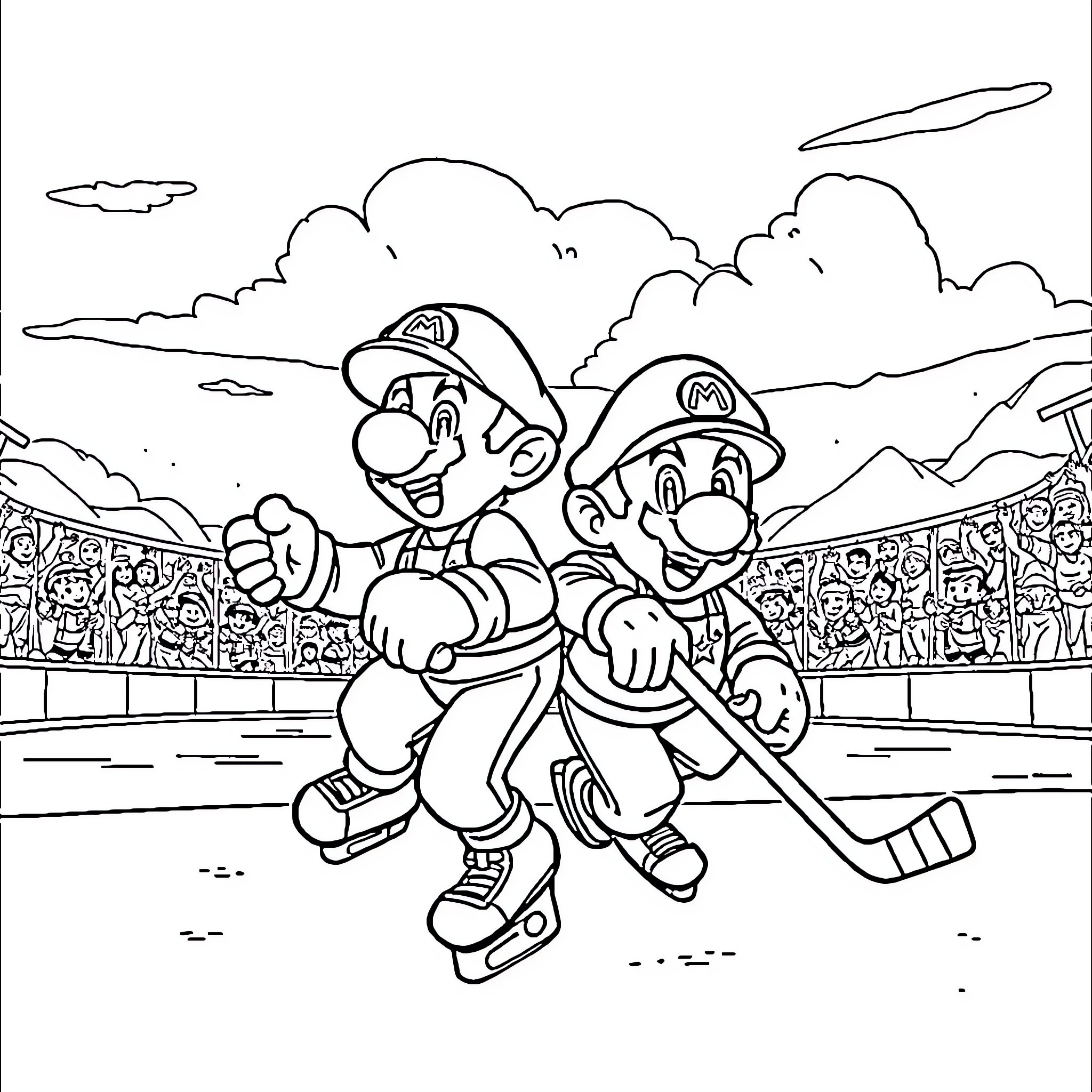 Mario Brothers Playing Hockey on the Ice Rink Coloring Page (free black-and-white line drawing printable PDF for all, from beginners to advanced learners, including children, teens, adults, and seniors)