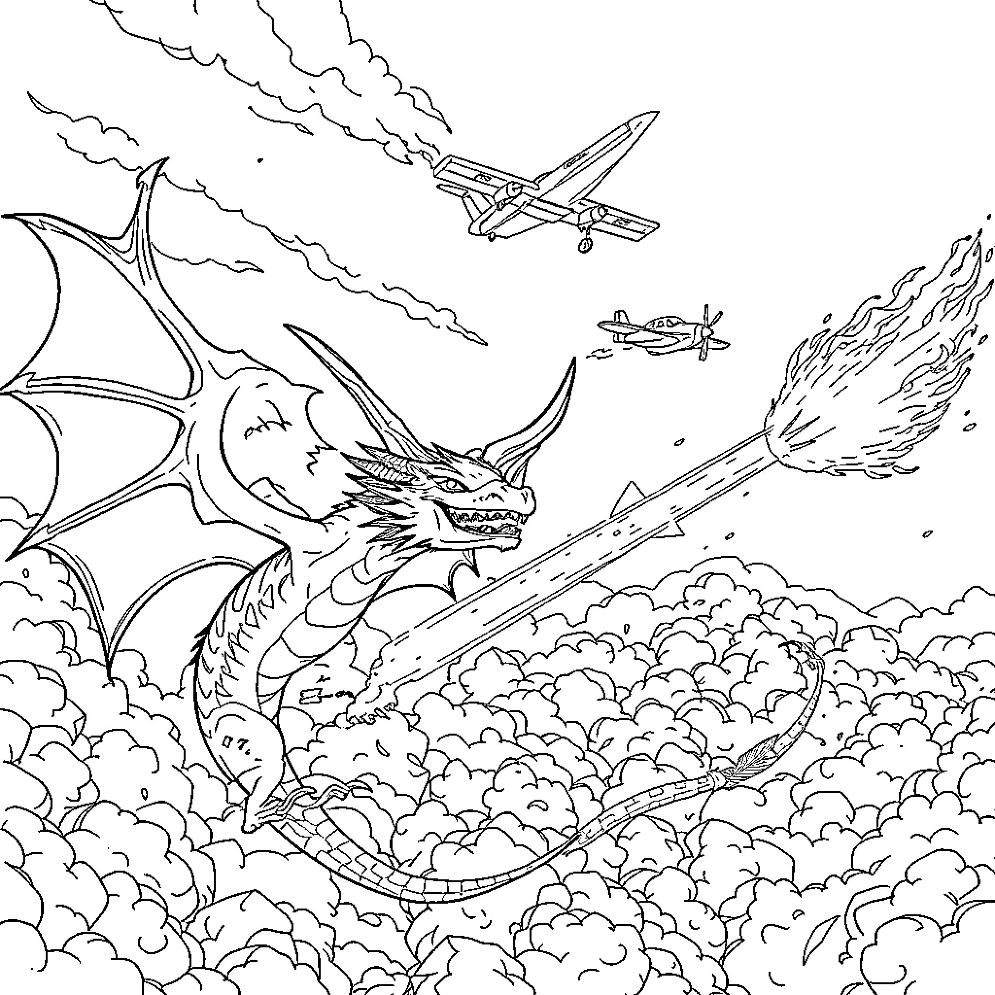 Dragon engaging in aerial battle with aircraft Coloring Page (free black-and-white line drawing printable PDF for all, from beginners to advanced learners, including children, teens, adults, and seniors)