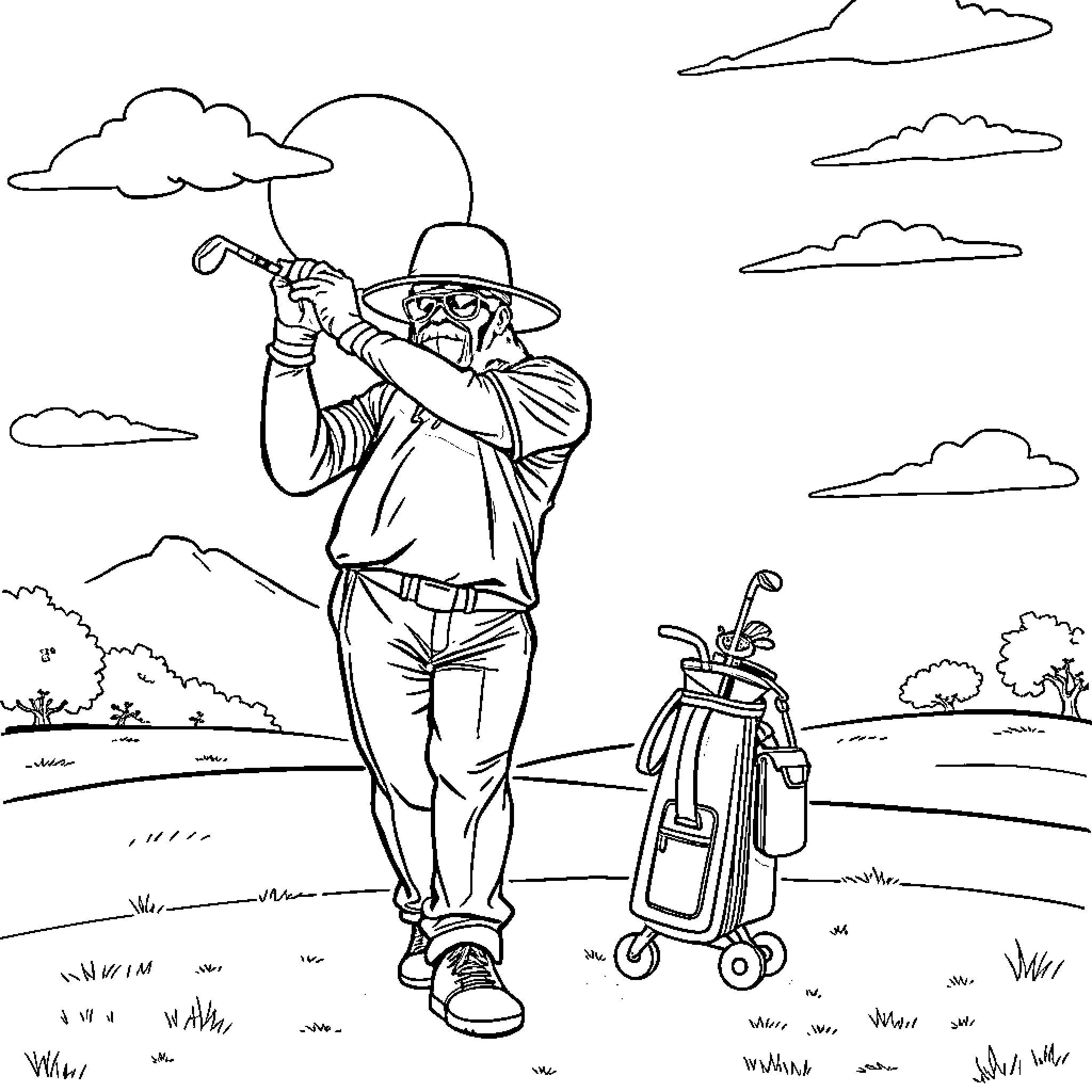 MF DOOM playing golf in the countryside Coloring Page (free black-and-white line drawing printable PDF for all, from beginners to advanced learners, including children, teens, adults, and seniors)