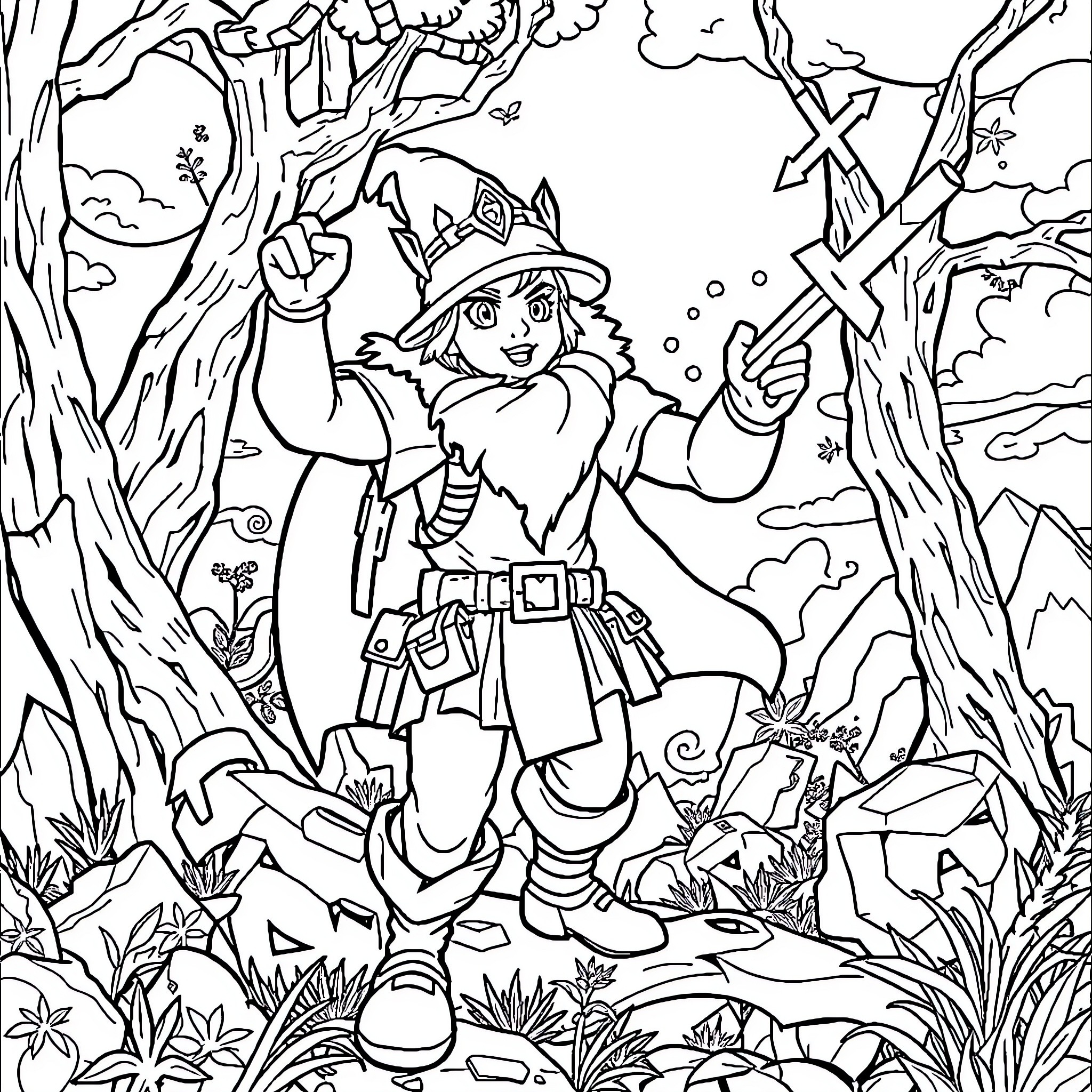 Huntrix's Adventurous Exploration in the Enchanting Forest Coloring Page (free black-and-white line drawing printable PDF for all, from beginners to advanced learners, including children, teens, adults, and seniors)