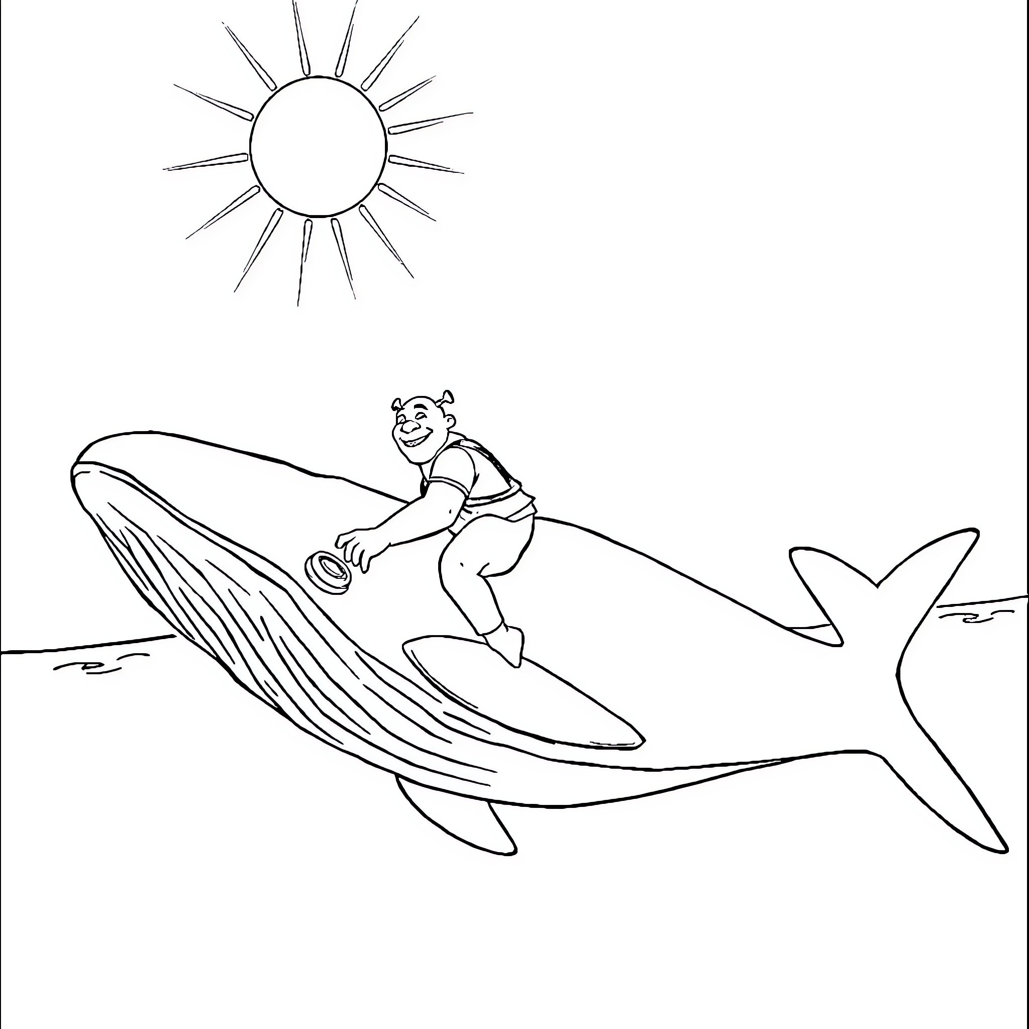 Shrek surfing on a friendly whale under the sun Coloring Page (free black-and-white line drawing printable PDF for all, from beginners to advanced learners, including children, teens, adults, and seniors)