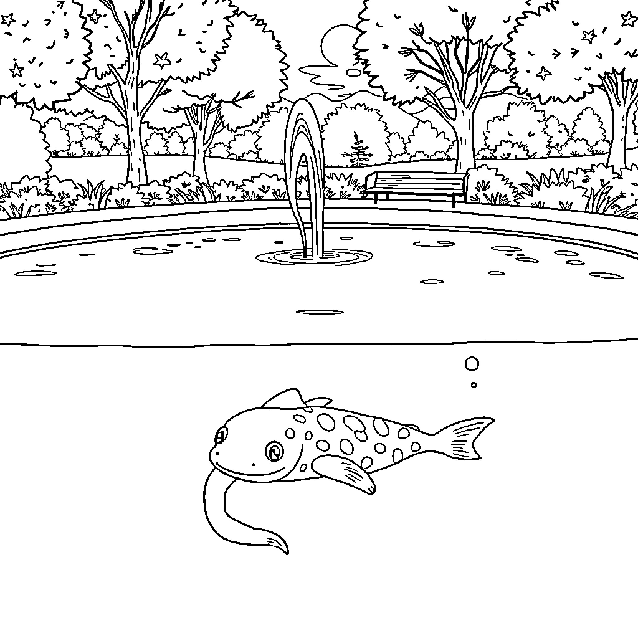 Axolotl swimming in a peaceful park Coloring Page (free black-and-white line drawing printable PDF for all, from beginners to advanced learners, including children, teens, adults, and seniors)