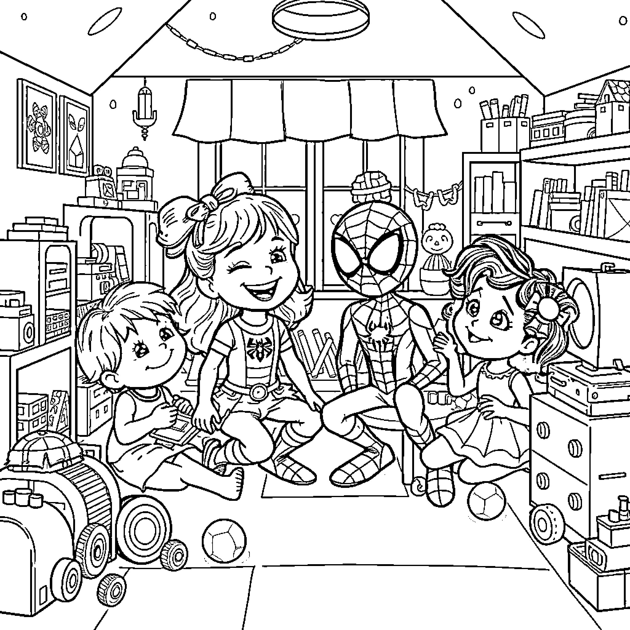 Gabby's Dollhouse: Characters Gathered in Cozy Room Coloring Page (free black-and-white line drawing printable PDF for all, from beginners to advanced learners, including children, teens, adults, and seniors)