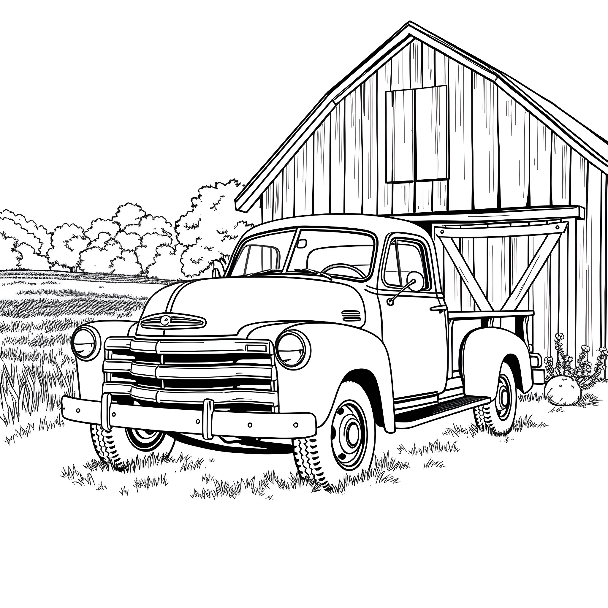 Truck parked in front of rustic barn on countryside Coloring Page (free black-and-white line drawing printable PDF for all, from beginners to advanced learners, including children, teens, adults, and seniors)