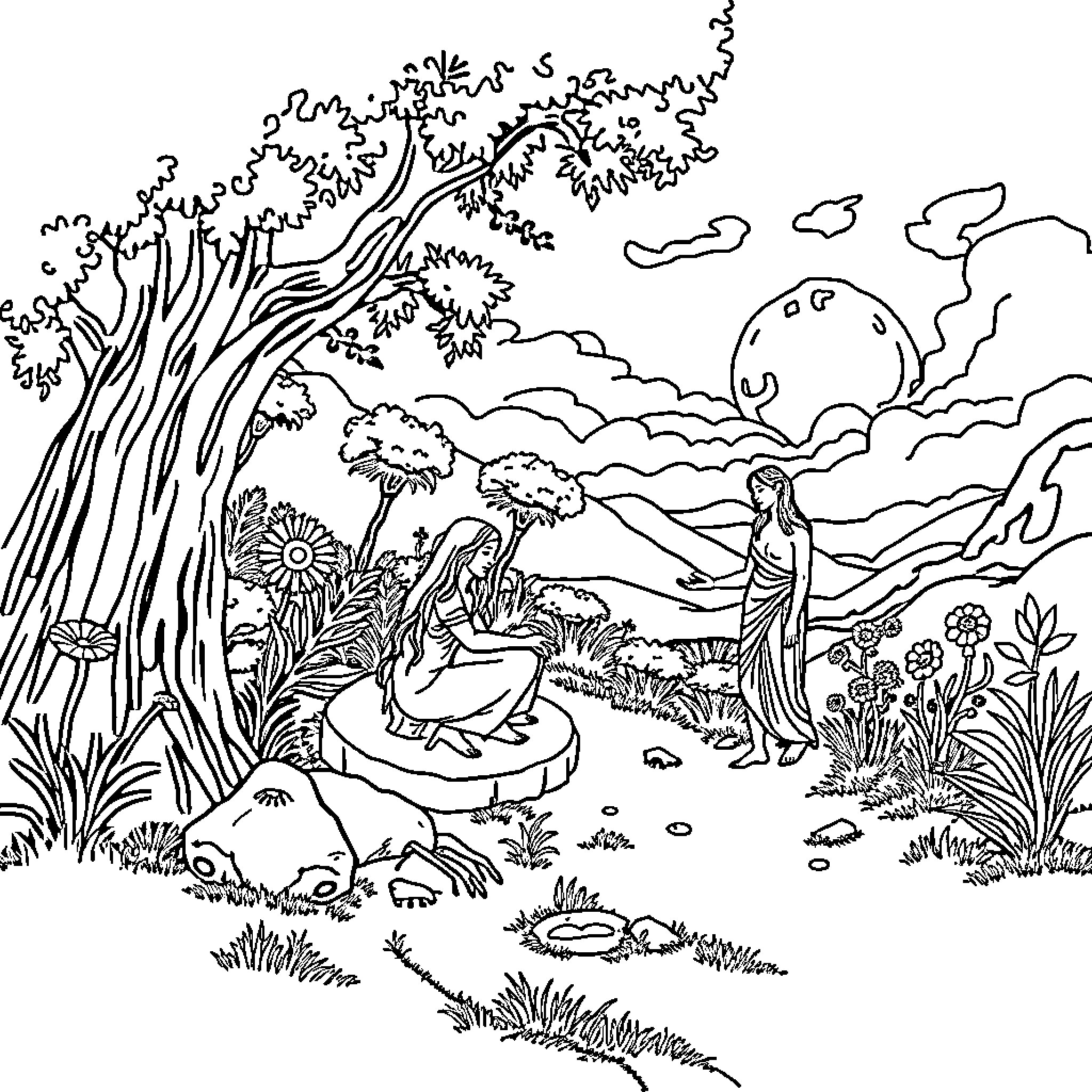 Bible scene with figures in nature landscape Coloring Page (free black-and-white line drawing printable PDF for all, from beginners to advanced learners, including children, teens, adults, and seniors)