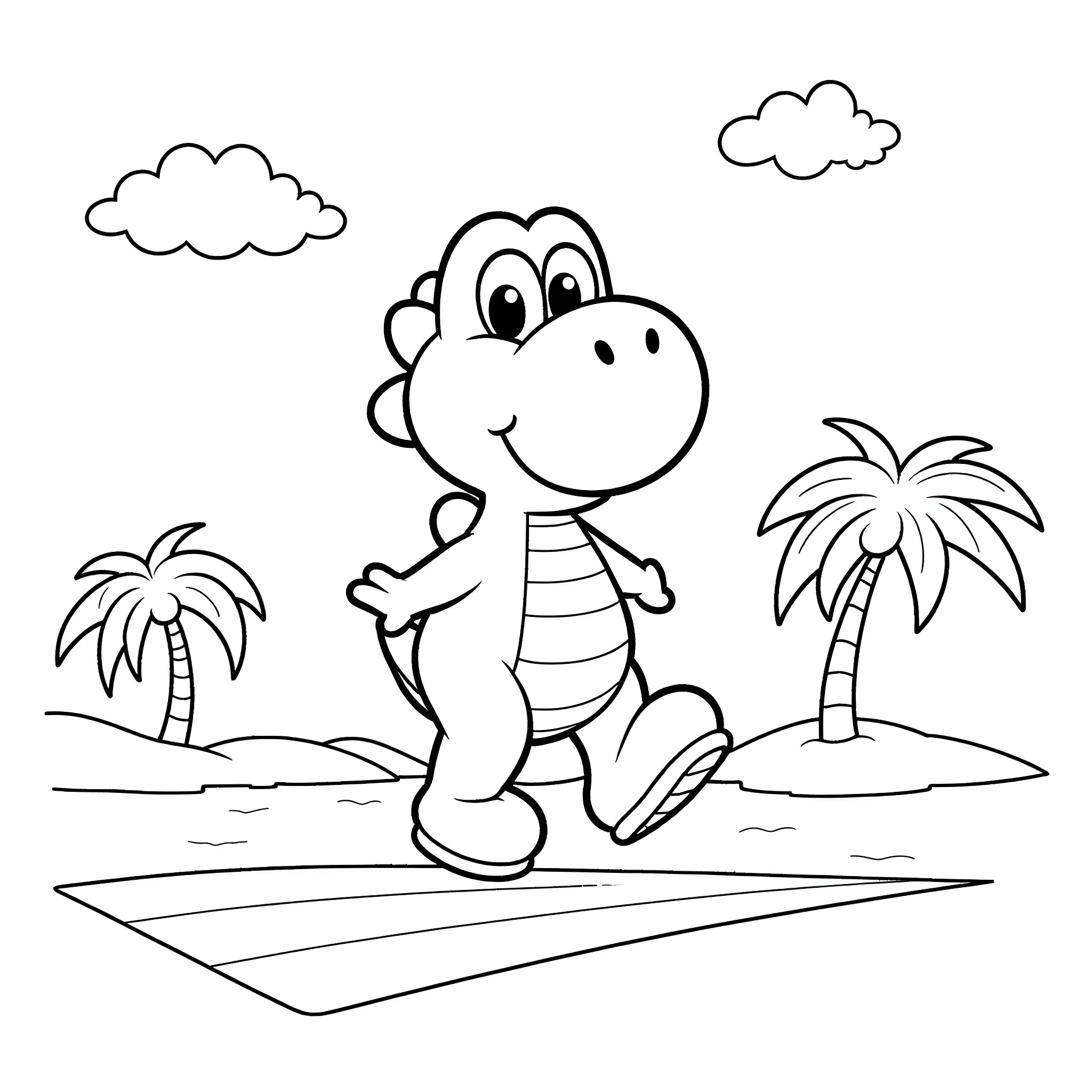 Yoshi's tropical adventure Coloring Page (free black-and-white line drawing printable PDF for all, from beginners to advanced learners, including children, teens, adults, and seniors)