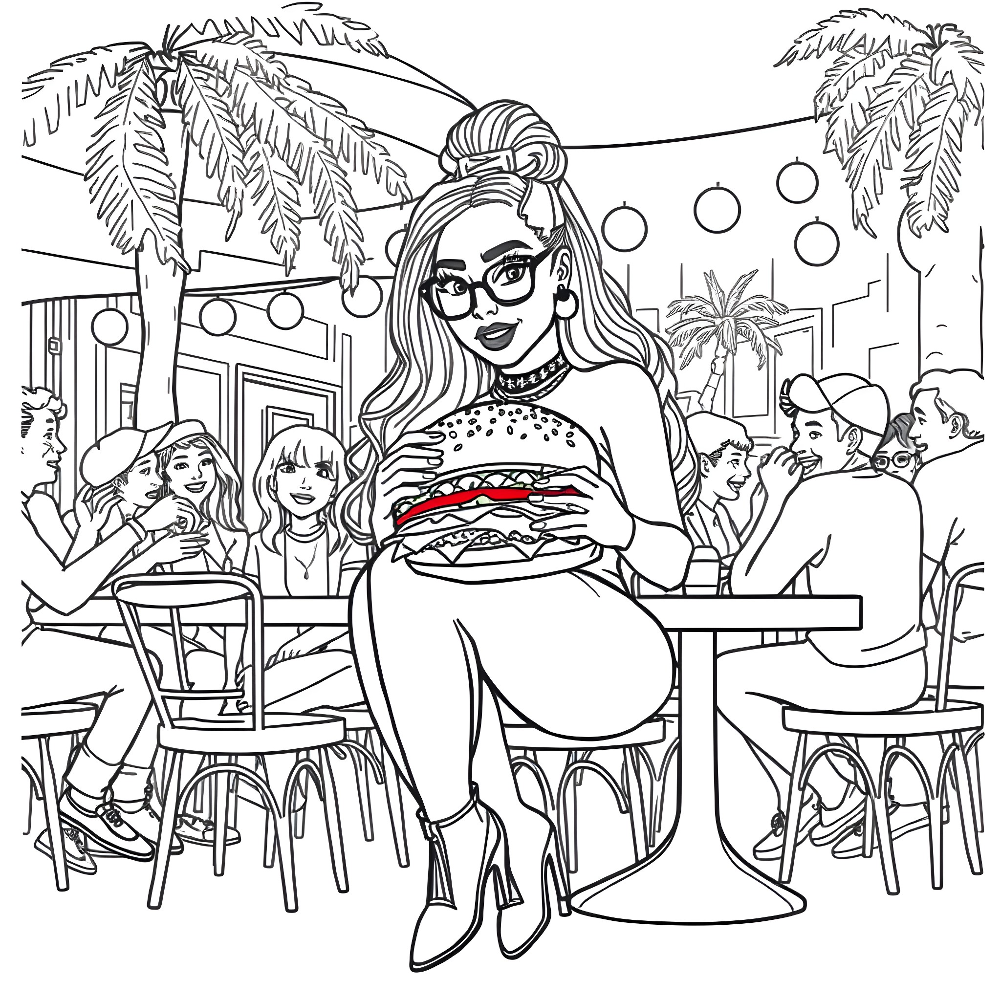 Nicki Minaj enjoying a burger at a tropical cafe Coloring Page (free black-and-white line drawing printable PDF for all, from beginners to advanced learners, including children, teens, adults, and seniors)