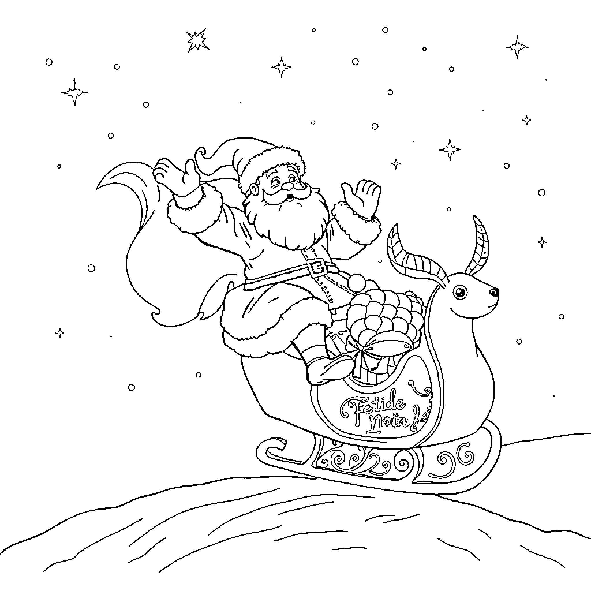 Santa Claus riding a sleigh pulled by a reindeer Coloring Page (free black-and-white line drawing printable PDF for all, from beginners to advanced learners, including children, teens, adults, and seniors)