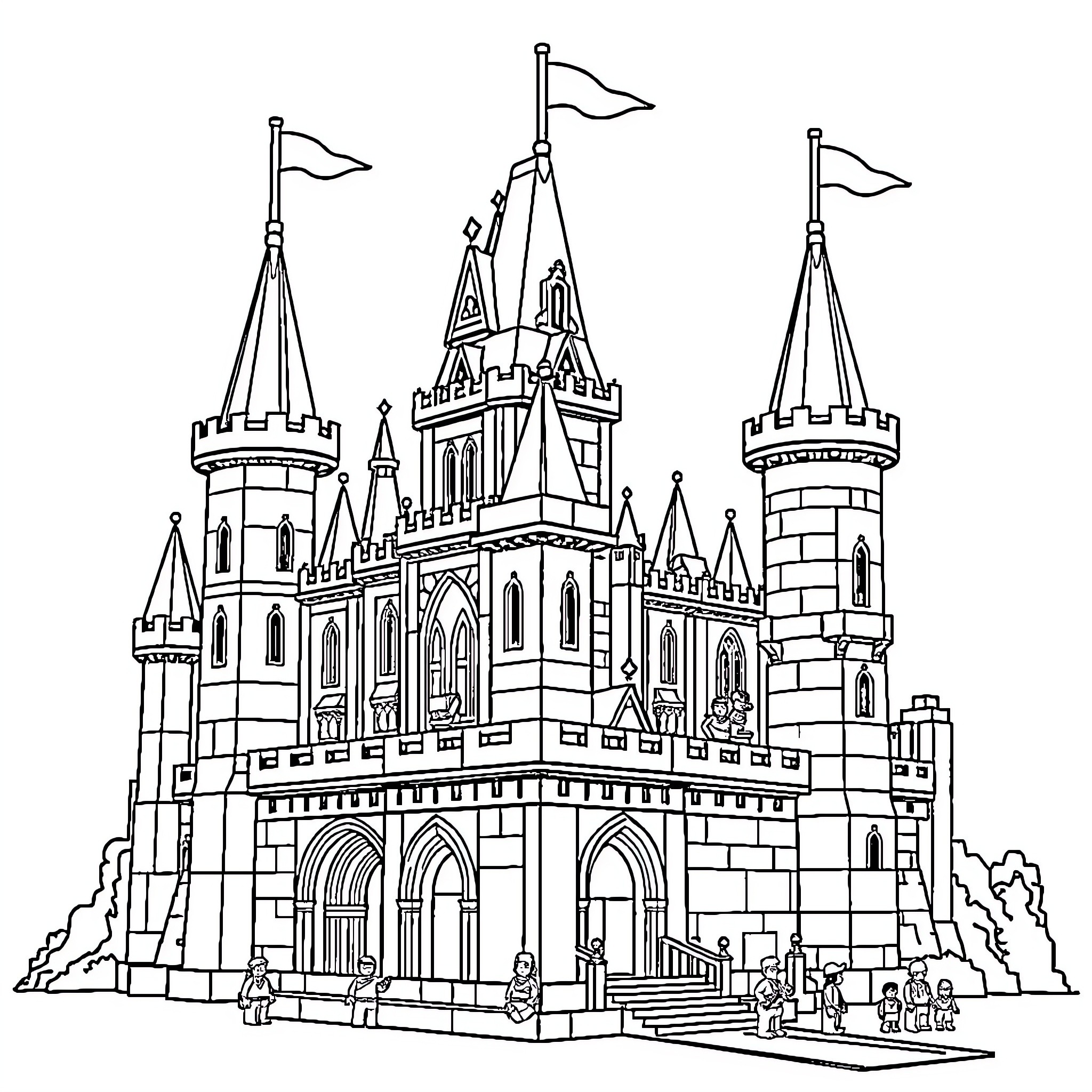 Lego medieval castle with flags and towers Coloring Page (free black-and-white line drawing printable PDF for all, from beginners to advanced learners, including children, teens, adults, and seniors)
