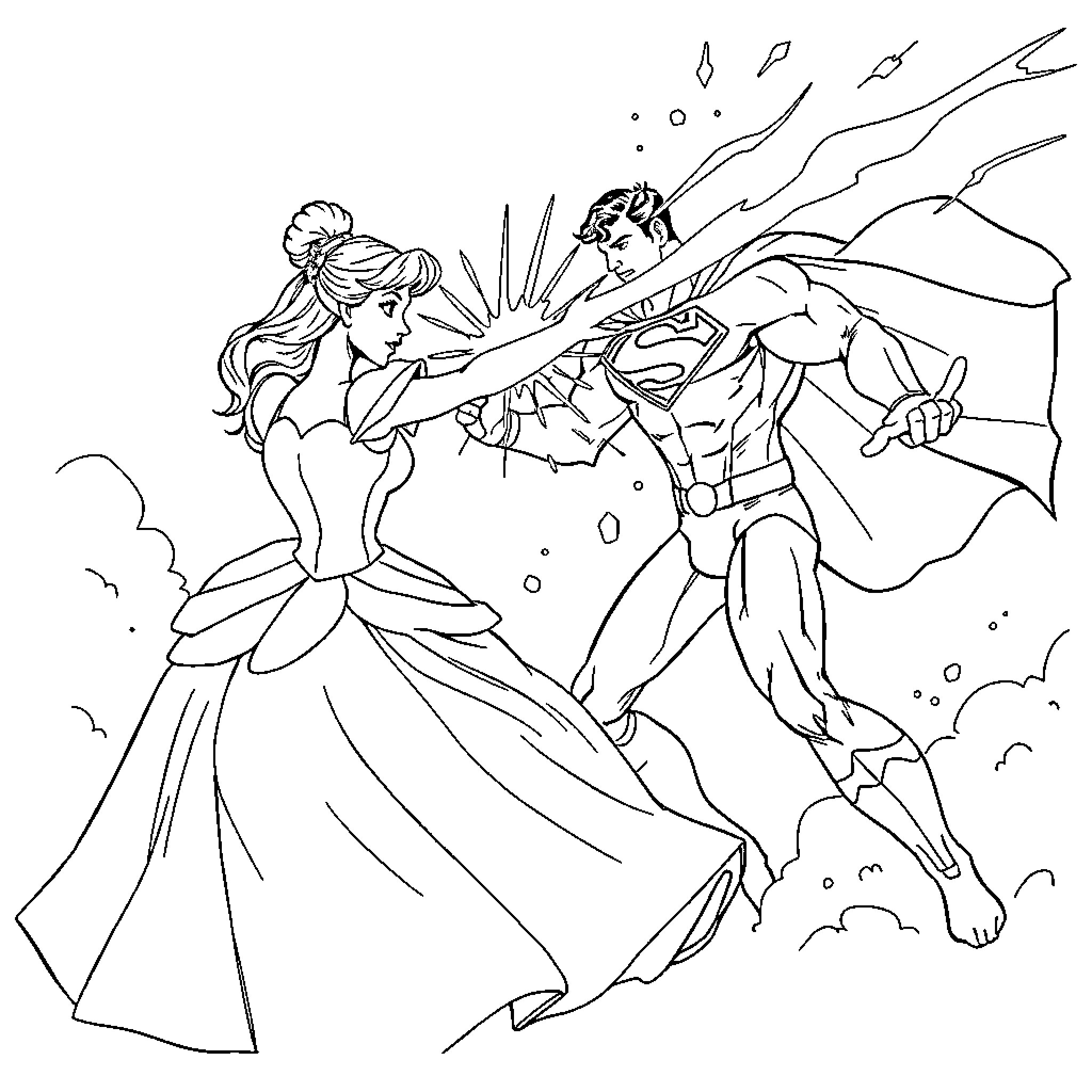 Cinderella's Magical Dance with a Superhero Coloring Page (free black-and-white line drawing printable PDF for all, from beginners to advanced learners, including children, teens, adults, and seniors)