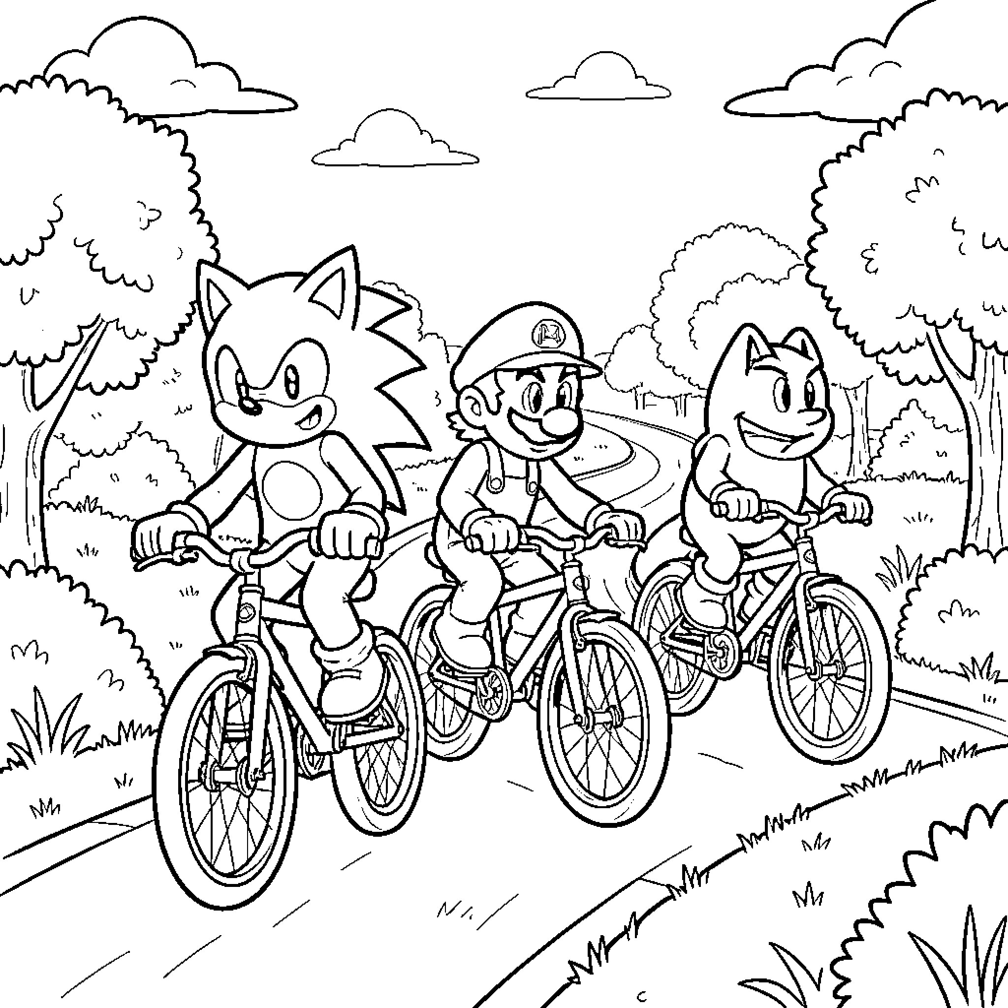 Sonic and friends riding bicycles on a path Coloring Page (free black-and-white line drawing printable PDF for all, from beginners to advanced learners, including children, teens, adults, and seniors)