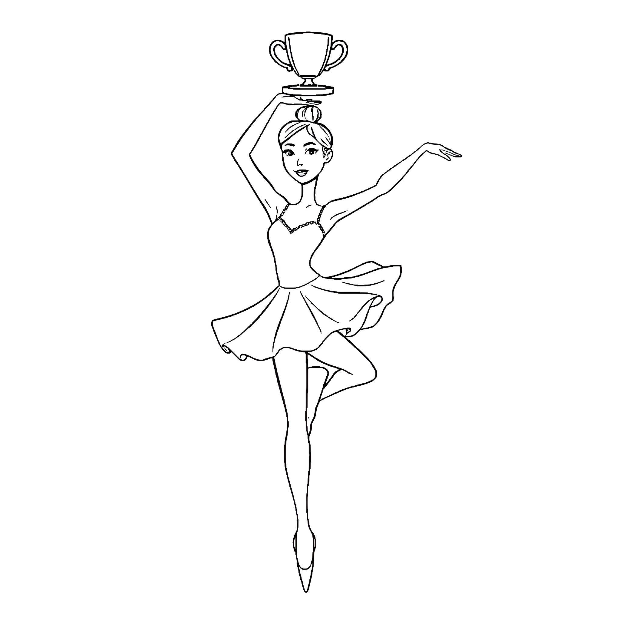 Ballerina Proudly Holds Trophy Coloring Page (free black-and-white line drawing printable PDF for all, from beginners to advanced learners, including children, teens, adults, and seniors)