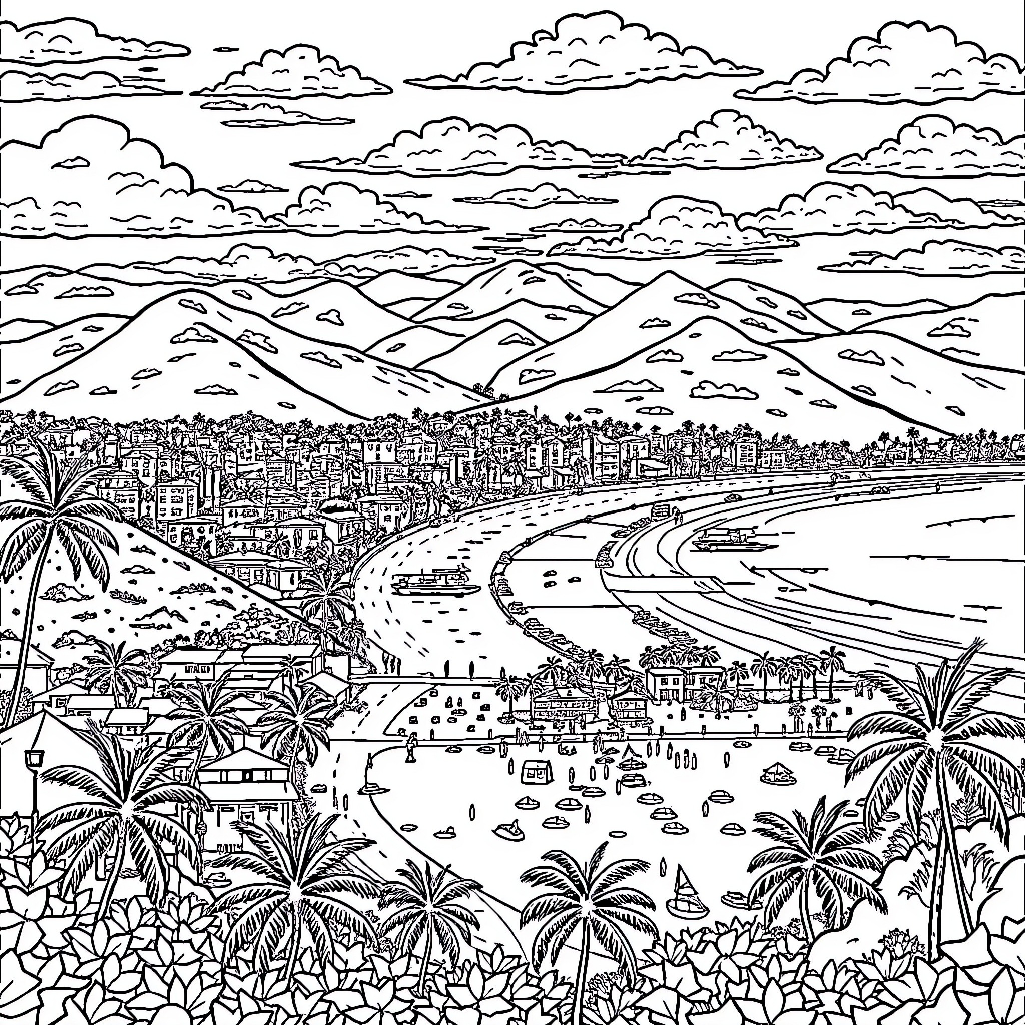 City of Vibrant Coastal Life and Mountainous Scenery Coloring Page (free black-and-white line drawing printable PDF for all, from beginners to advanced learners, including children, teens, adults, and seniors)