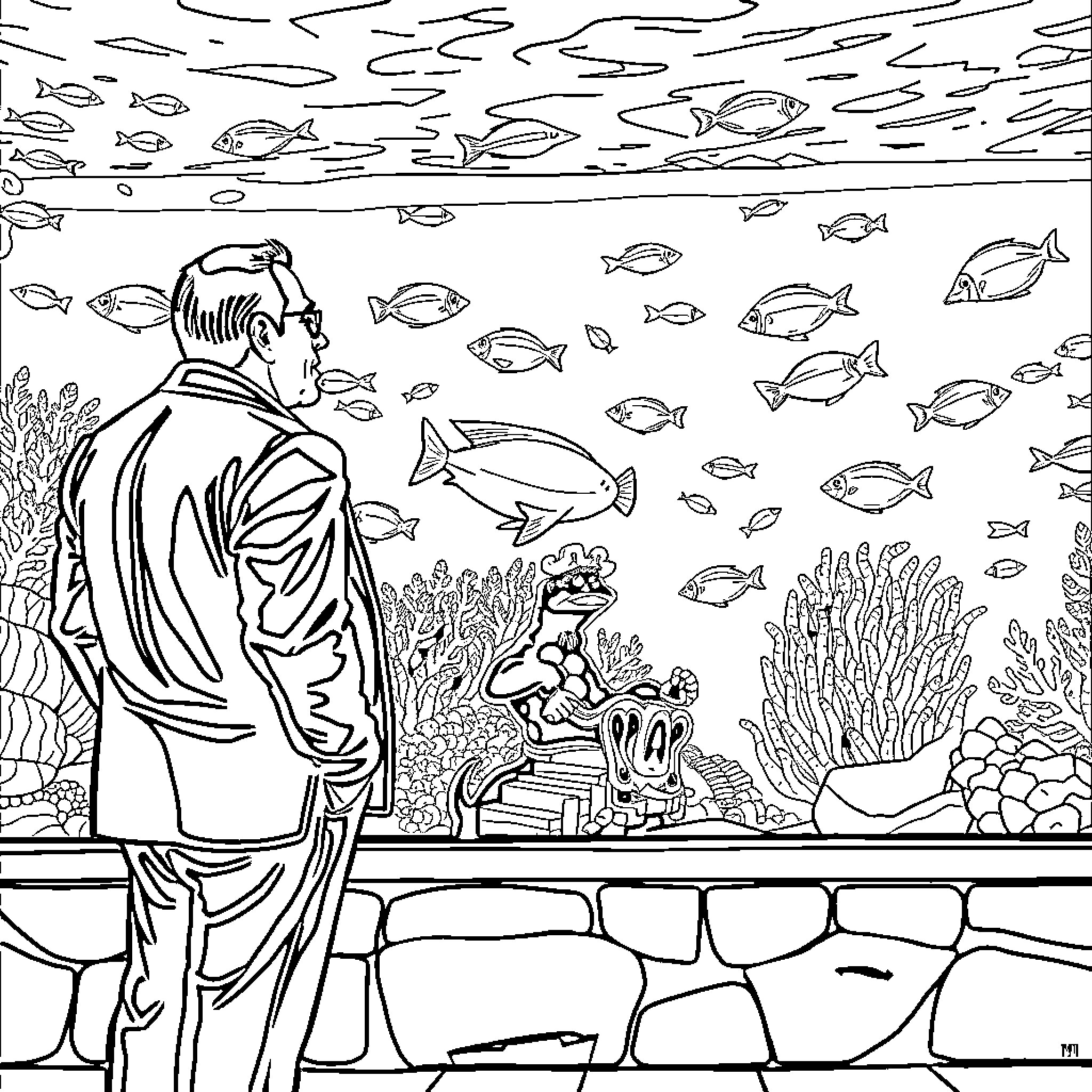 Tony Soprano in an Aquarium Viewing Exotic Fish Coloring Page (free black-and-white line drawing printable PDF for all, from beginners to advanced learners, including children, teens, adults, and seniors)