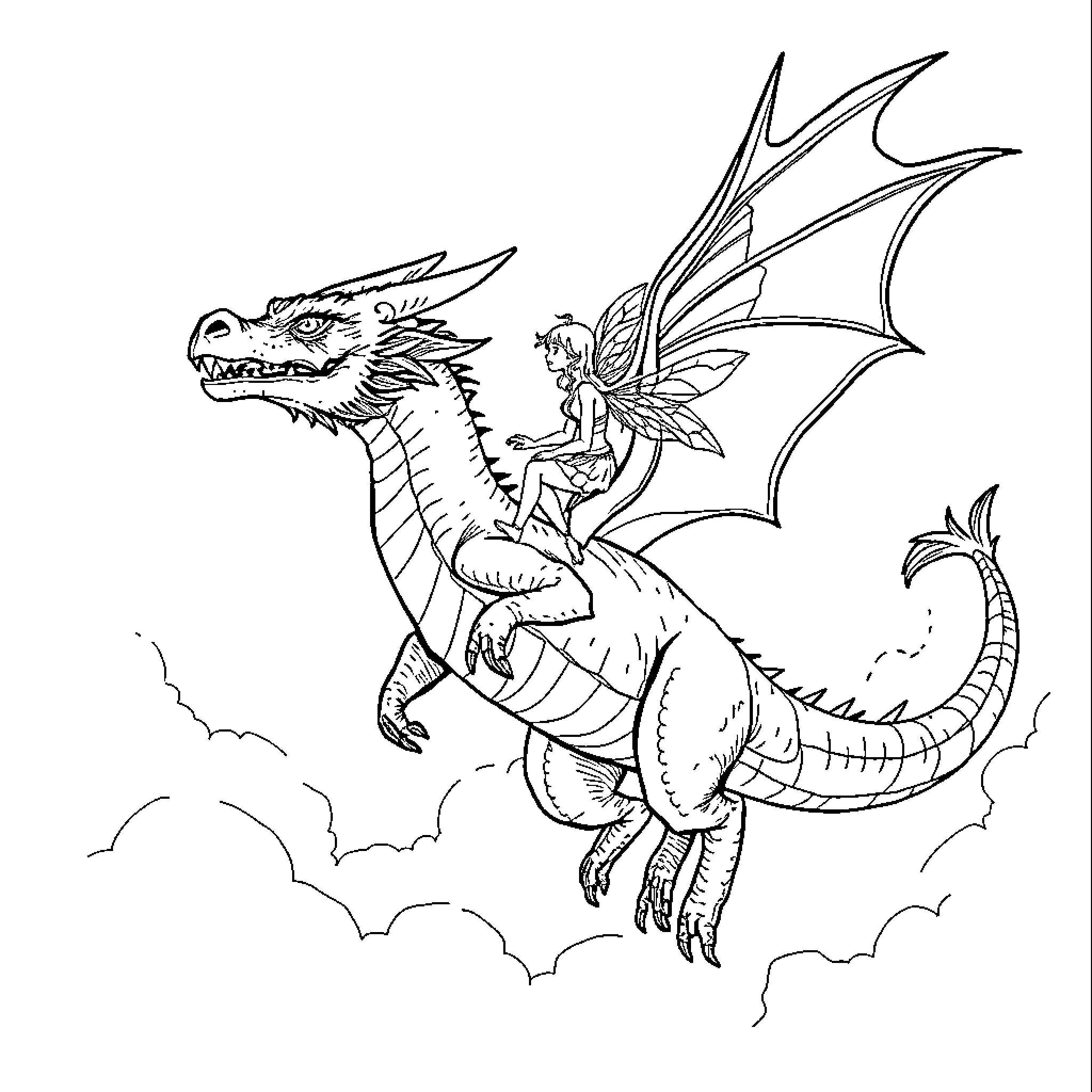 Fairy Riding a Majestic Dragon through the Skies Coloring Page (free black-and-white line drawing printable PDF for all, from beginners to advanced learners, including children, teens, adults, and seniors)