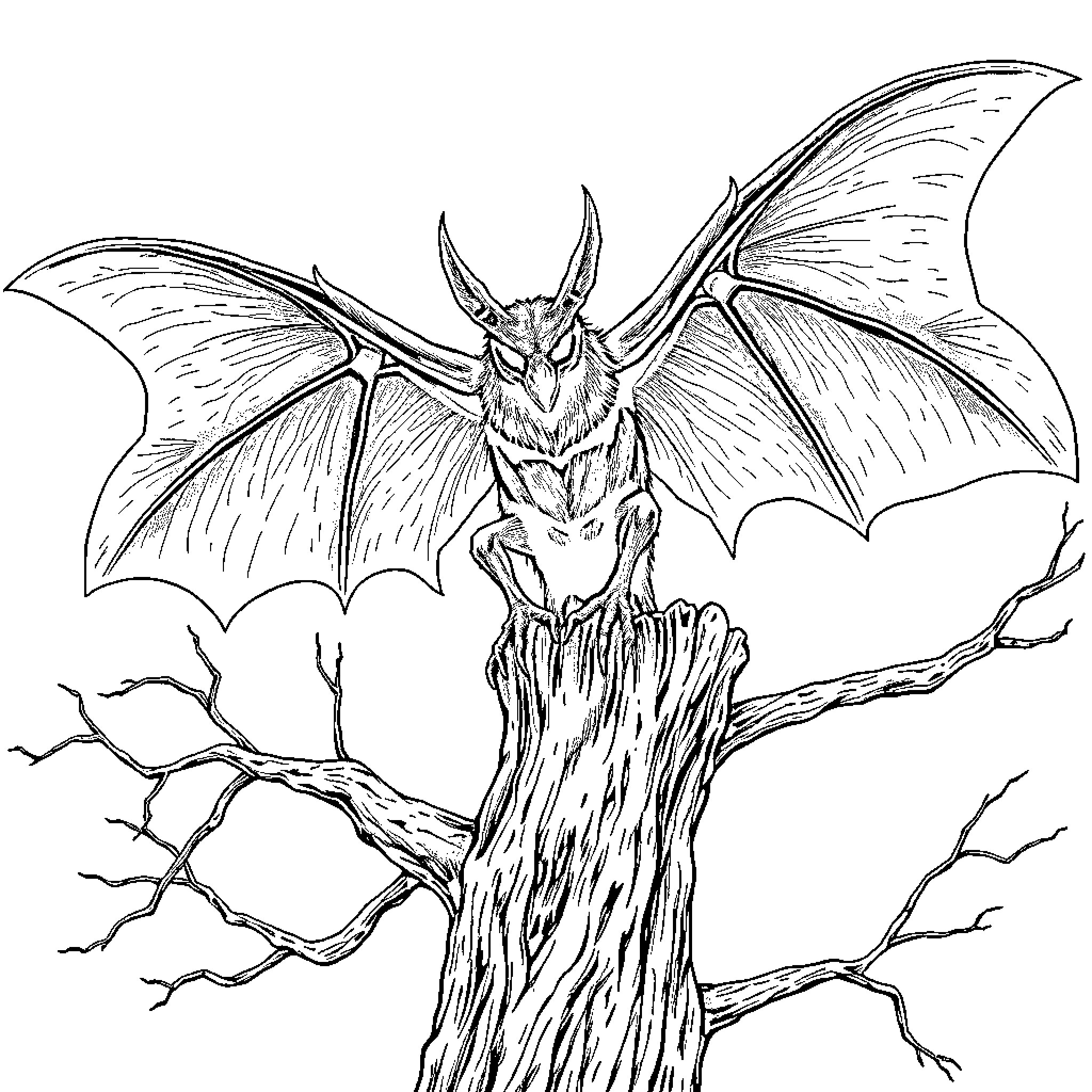 Mothman perched menacingly on a gnarled tree branch Coloring Page (free black-and-white line drawing printable PDF for all, from beginners to advanced learners, including children, teens, adults, and seniors)