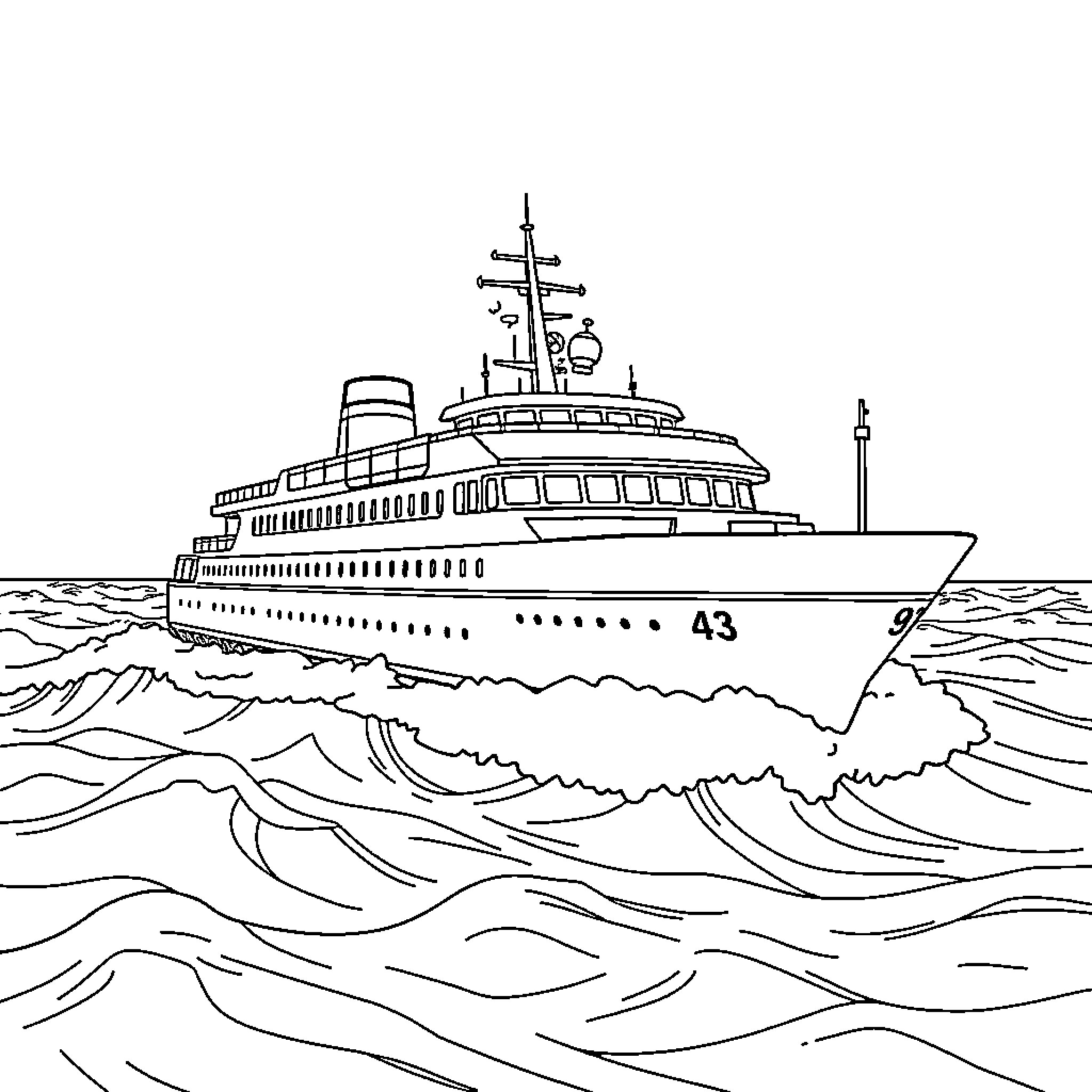 Ship sailing on rough seas Coloring Page (free black-and-white line drawing printable PDF for all, from beginners to advanced learners, including children, teens, adults, and seniors)