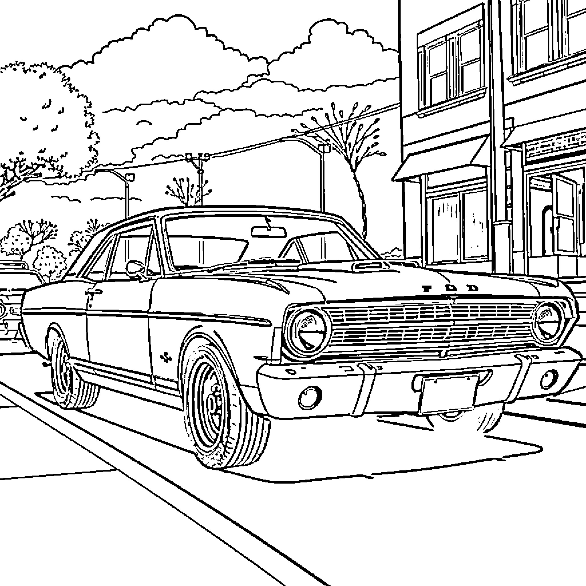Ford Falcon parked on city street Coloring Page (free black-and-white line drawing printable PDF for all, from beginners to advanced learners, including children, teens, adults, and seniors)