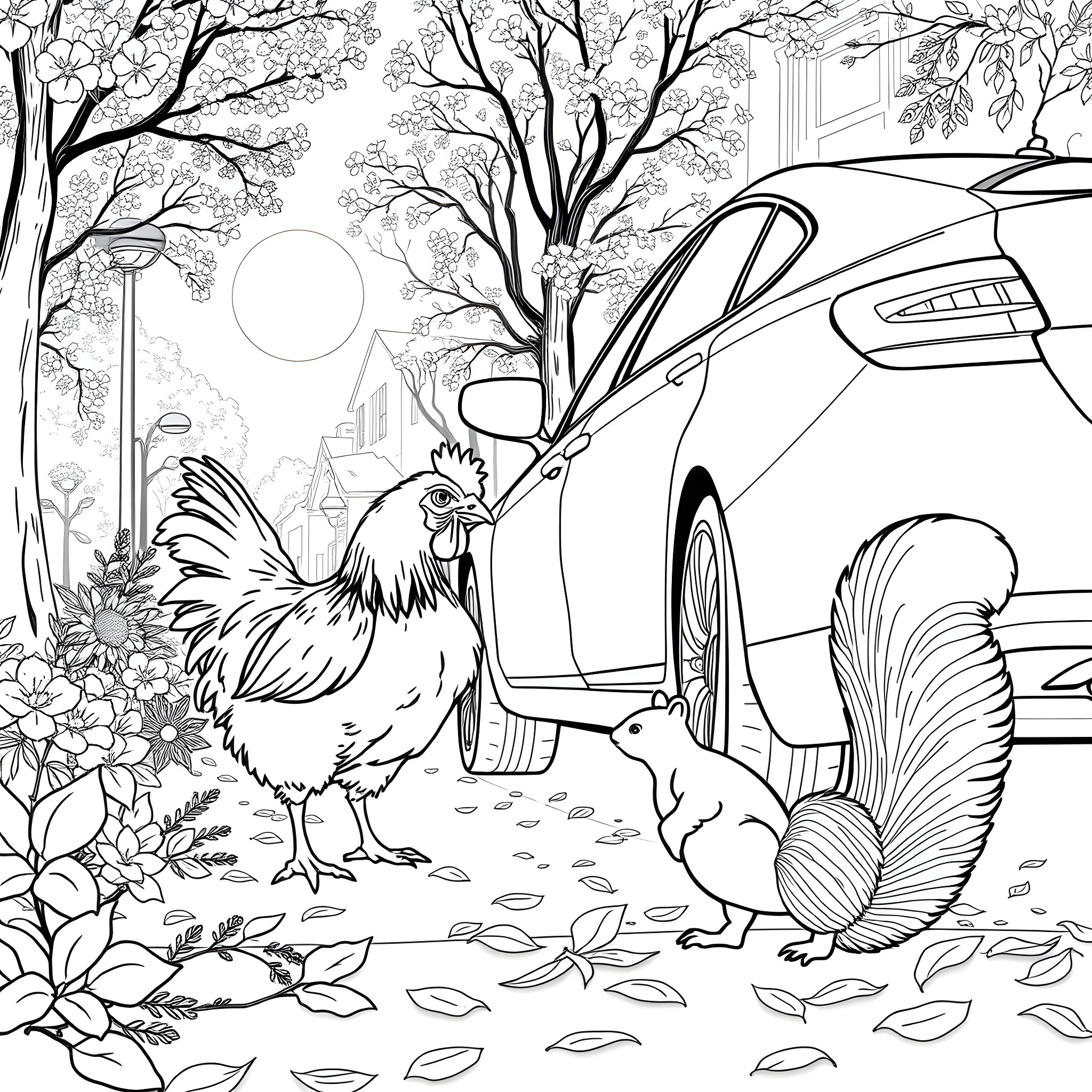 Chicken and Squirrel Exploring Autumn Scene Coloring Page (free black-and-white line drawing printable PDF for all, from beginners to advanced learners, including children, teens, adults, and seniors)