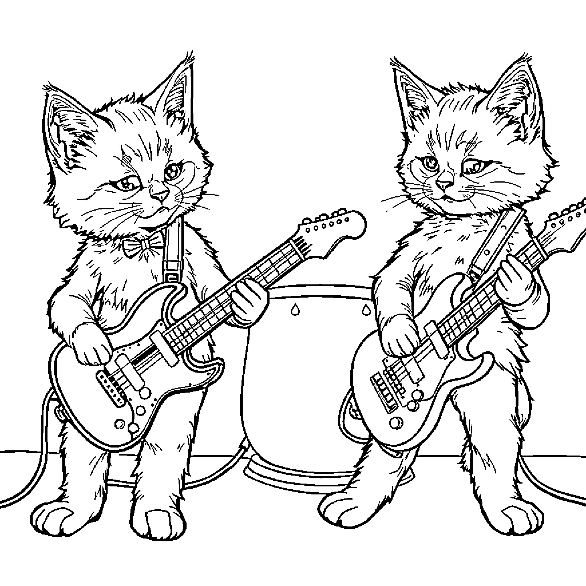 Kittens performing rock and roll on guitars Coloring Page (free black-and-white line drawing printable PDF for all, from beginners to advanced learners, including children, teens, adults, and seniors)