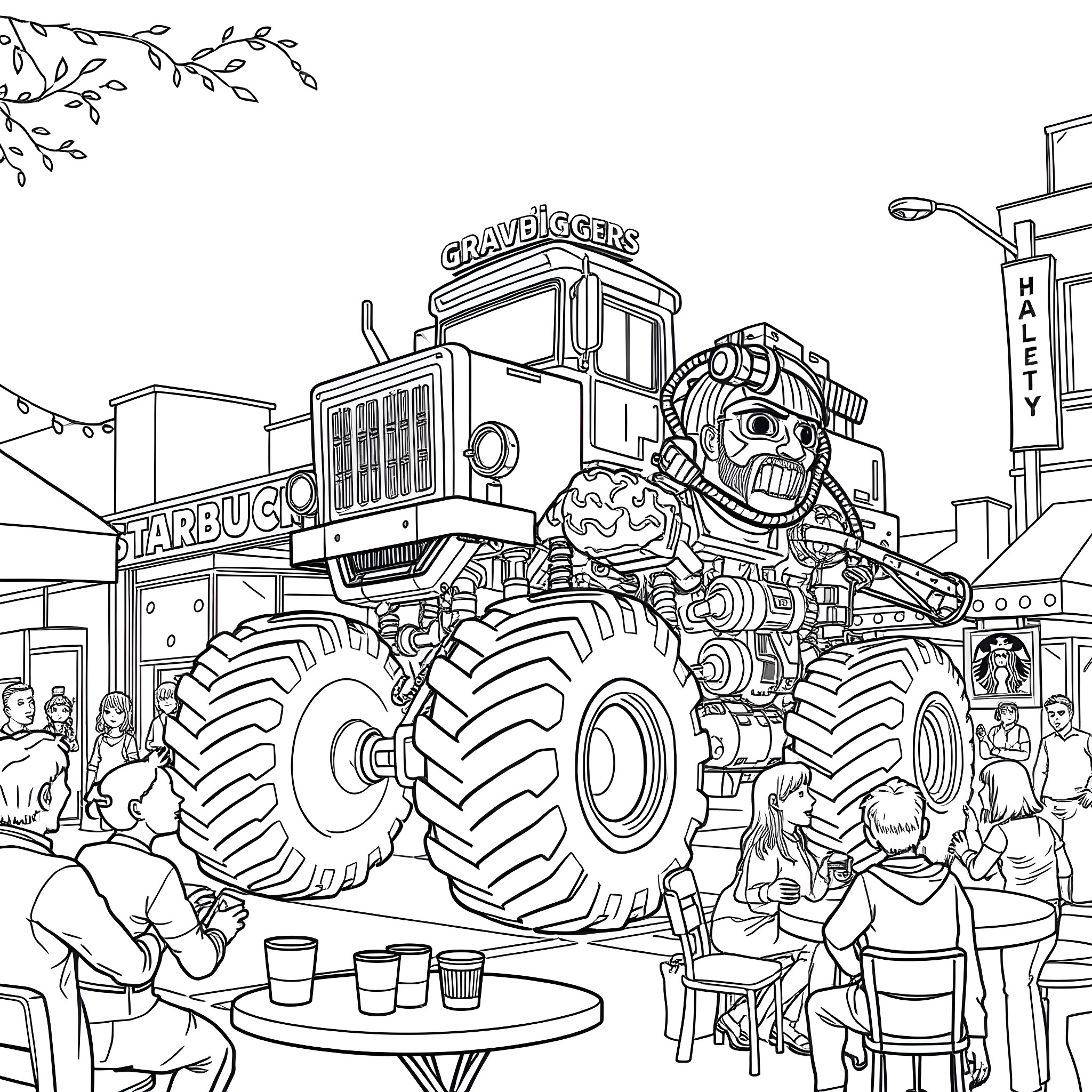 Monster Truck Crushing Cafe in Busy City Street Coloring Page (free black-and-white line drawing printable PDF for all, from beginners to advanced learners, including children, teens, adults, and seniors)