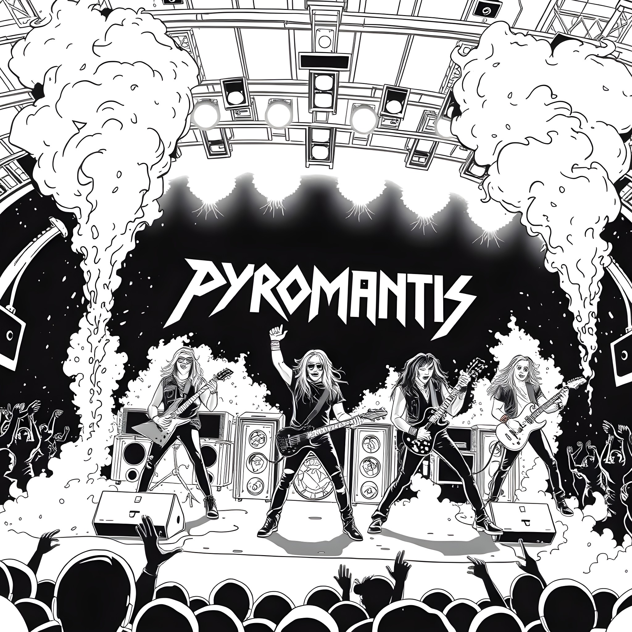 Band Performing Energetic Rock Music on Stage Coloring Page (free black-and-white line drawing printable PDF for all, from beginners to advanced learners, including children, teens, adults, and seniors)