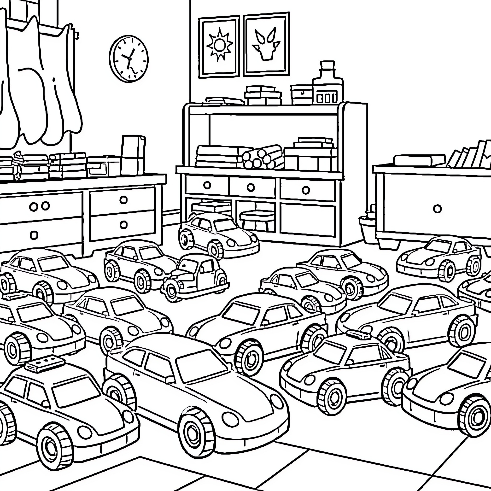 Toy Car Collection in Playroom Coloring Page (free black-and-white line drawing printable PDF for all, from beginners to advanced learners, including children, teens, adults, and seniors)