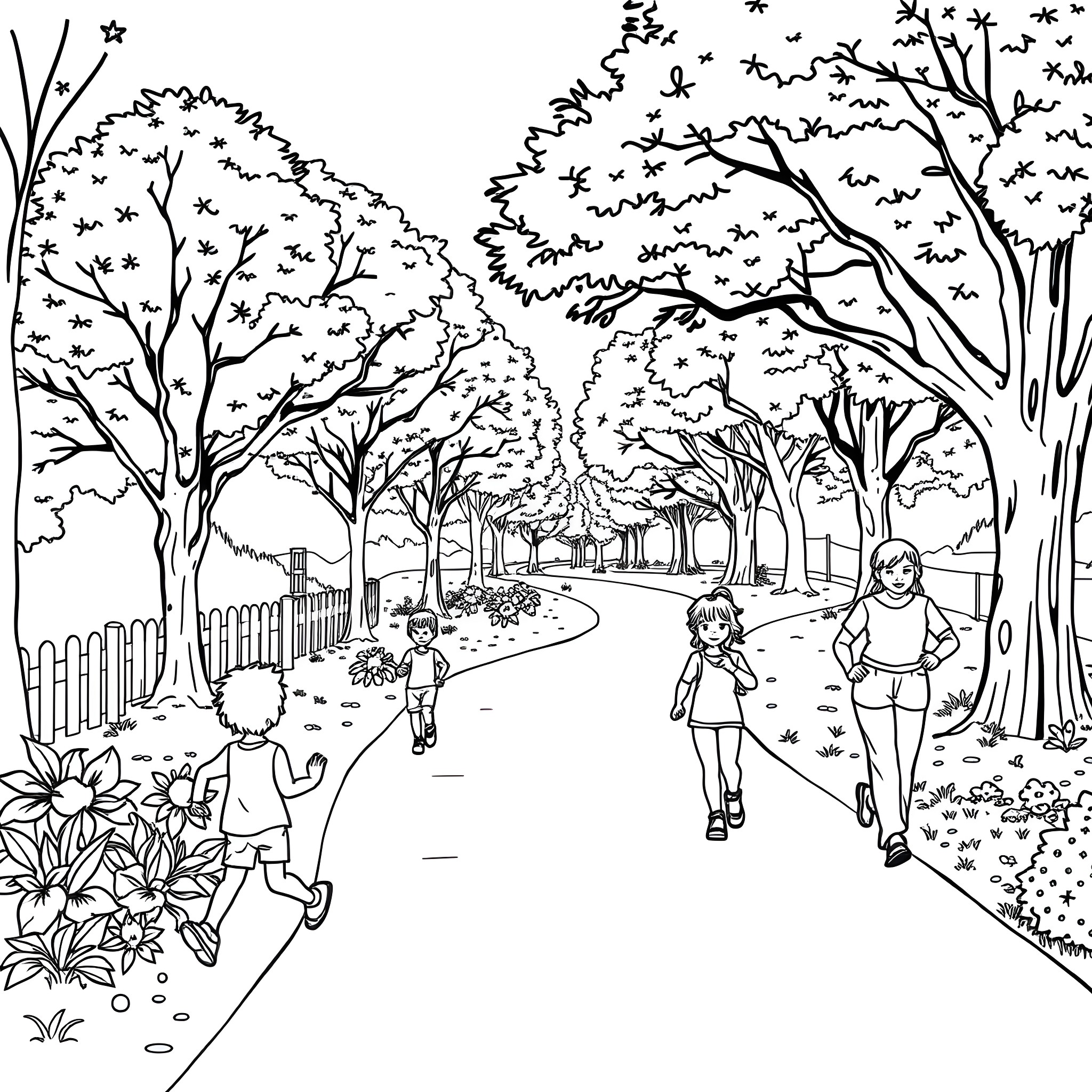 Play Area with Children Playing in Park Coloring Page (free black-and-white line drawing printable PDF for all, from beginners to advanced learners, including children, teens, adults, and seniors)