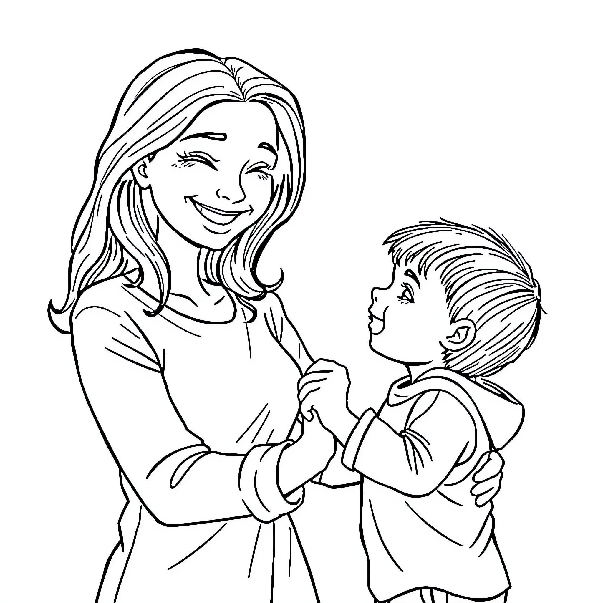 Mom and child share a joyful moment Coloring Page (free black-and-white line drawing printable PDF for all, from beginners to advanced learners, including children, teens, adults, and seniors)