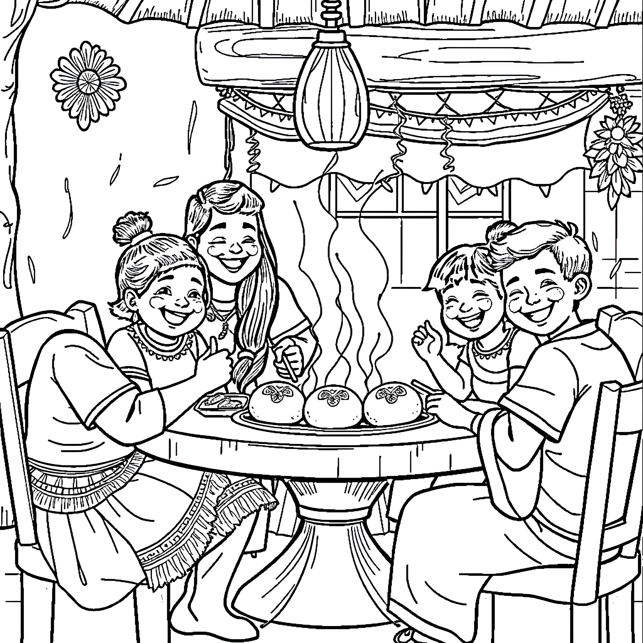 Family Celebration with Festive Decorations Coloring Page (free black-and-white line drawing printable PDF for all, from beginners to advanced learners, including children, teens, adults, and seniors)