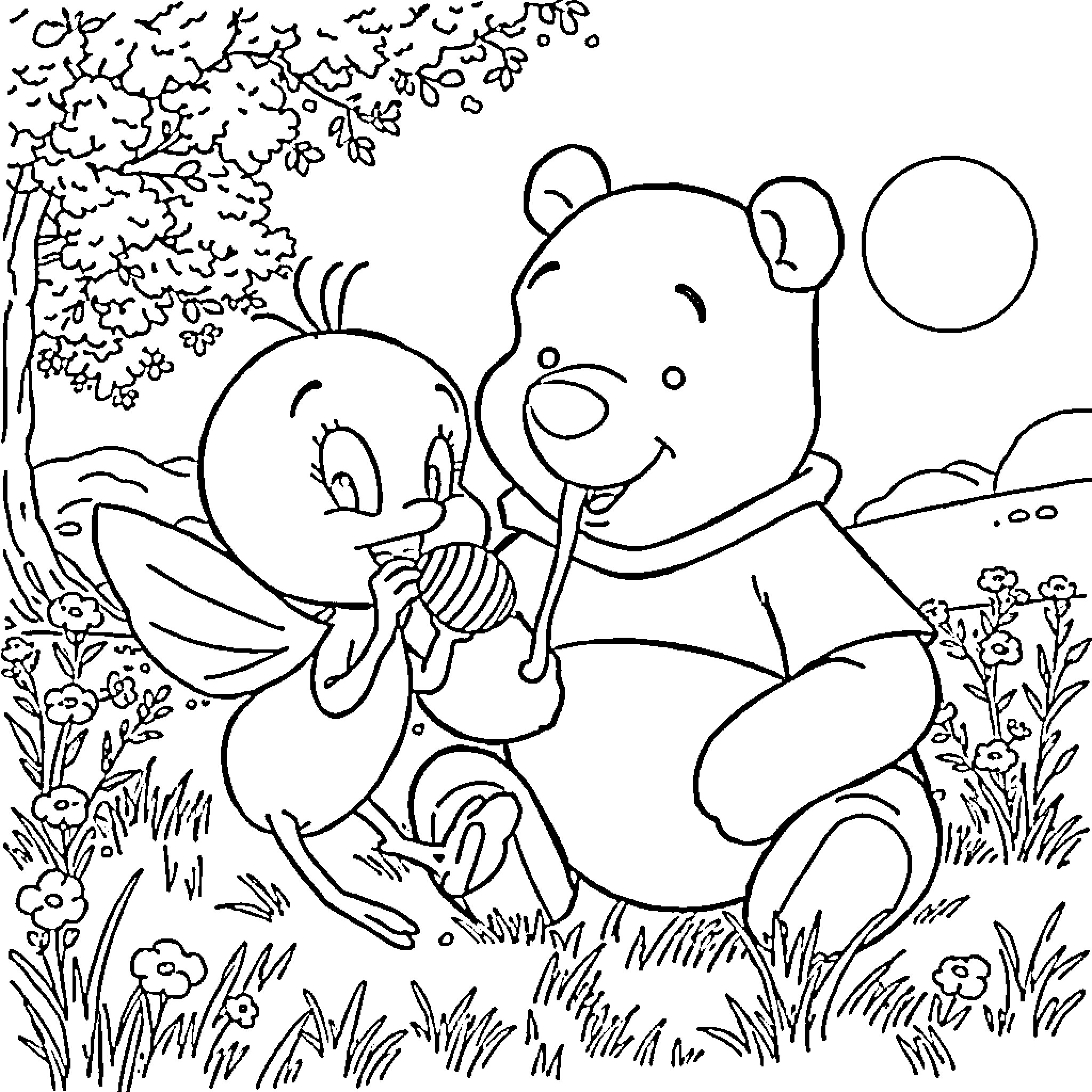 Tweety's playful adventure with friendly bear Coloring Page (free black-and-white line drawing printable PDF for all, from beginners to advanced learners, including children, teens, adults, and seniors)