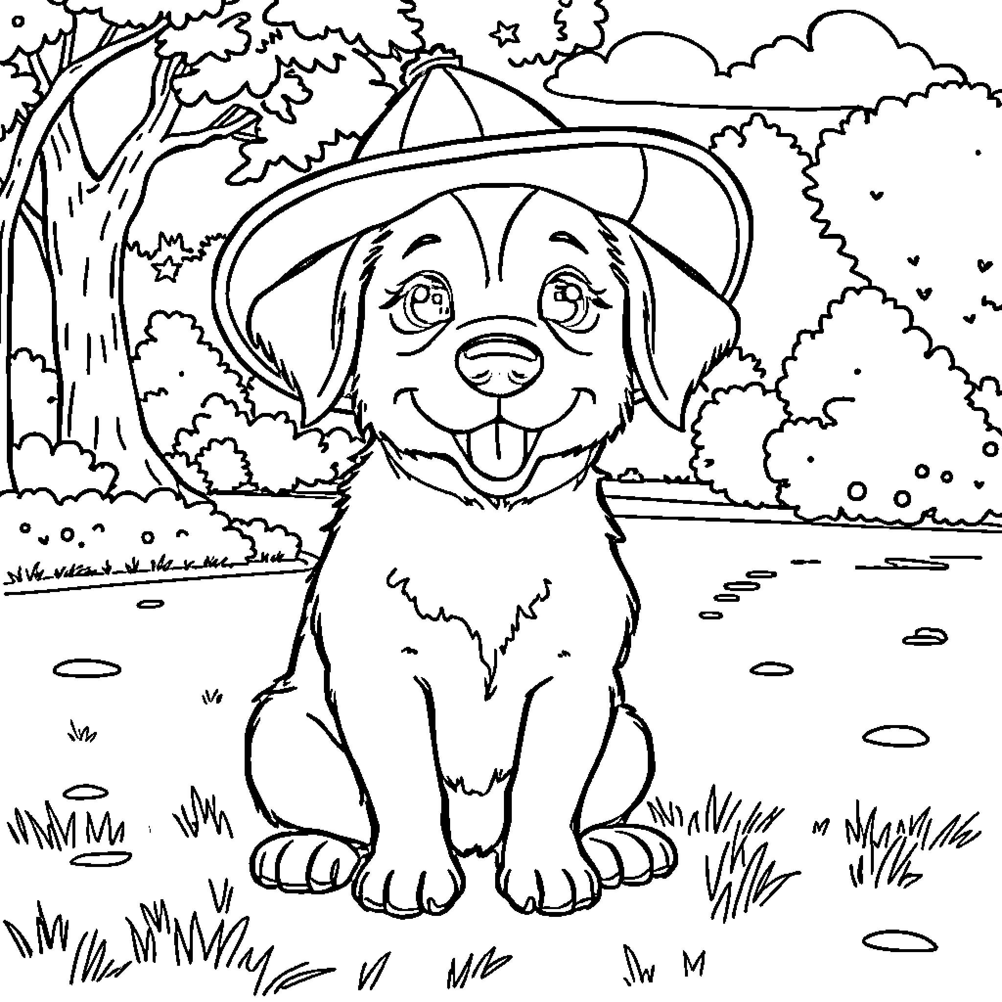 Dog enjoying the great outdoors in a scenic landscape Coloring Page (free black-and-white line drawing printable PDF for all, from beginners to advanced learners, including children, teens, adults, and seniors)