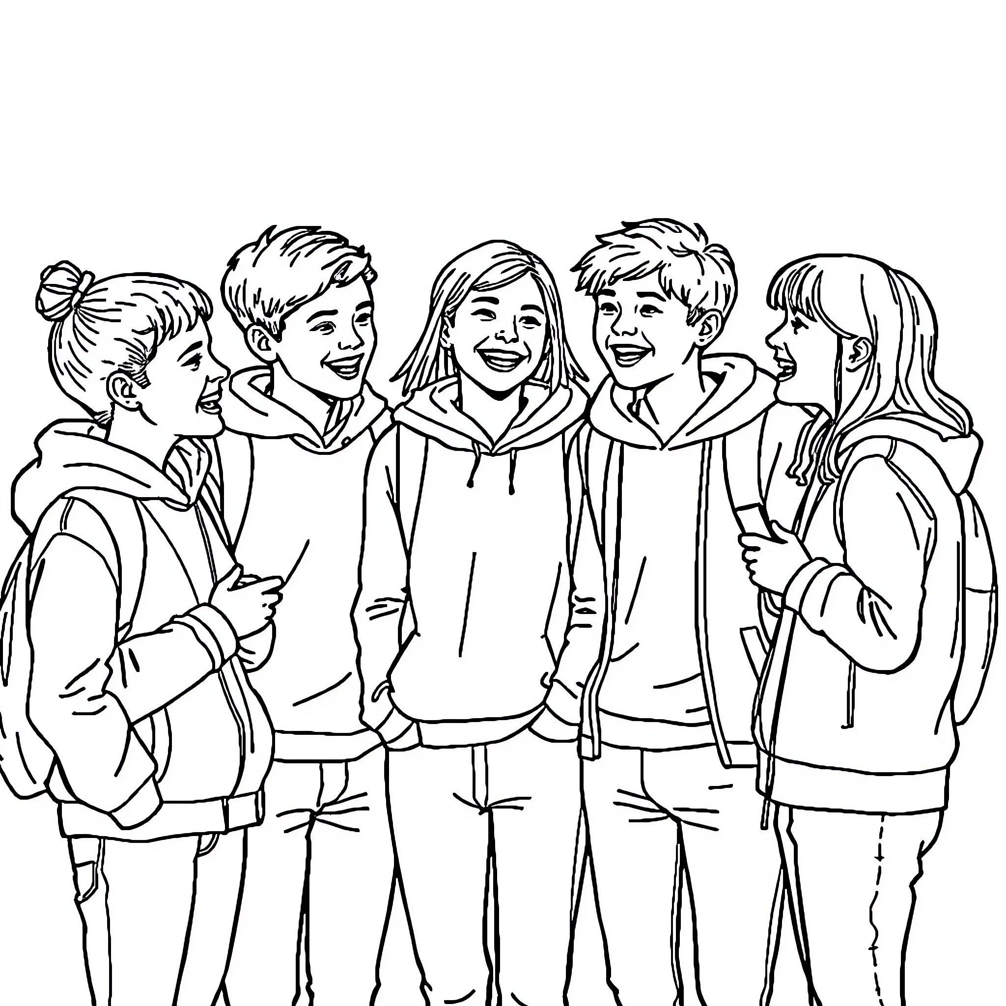 Y7 Friends Enjoying Each Other's Company Coloring Page (free black-and-white line drawing printable PDF for all, from beginners to advanced learners, including children, teens, adults, and seniors)