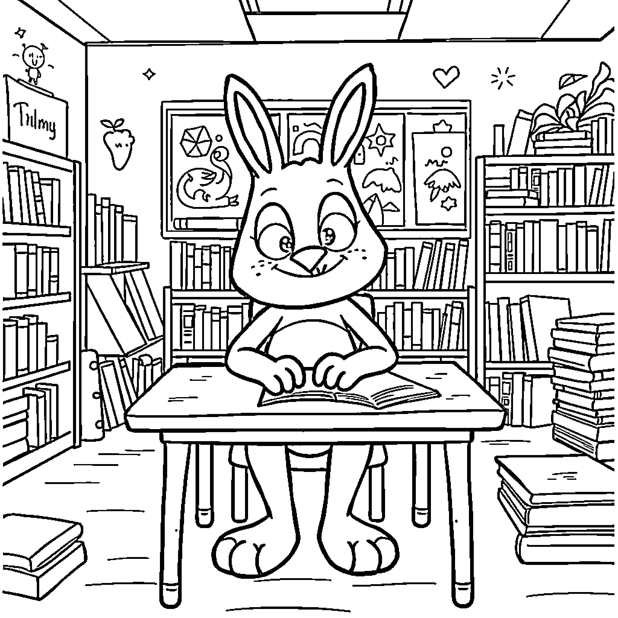 Plim Plim Bunny Reading Books in Library Coloring Page (free black-and-white line drawing printable PDF for all, from beginners to advanced learners, including children, teens, adults, and seniors)