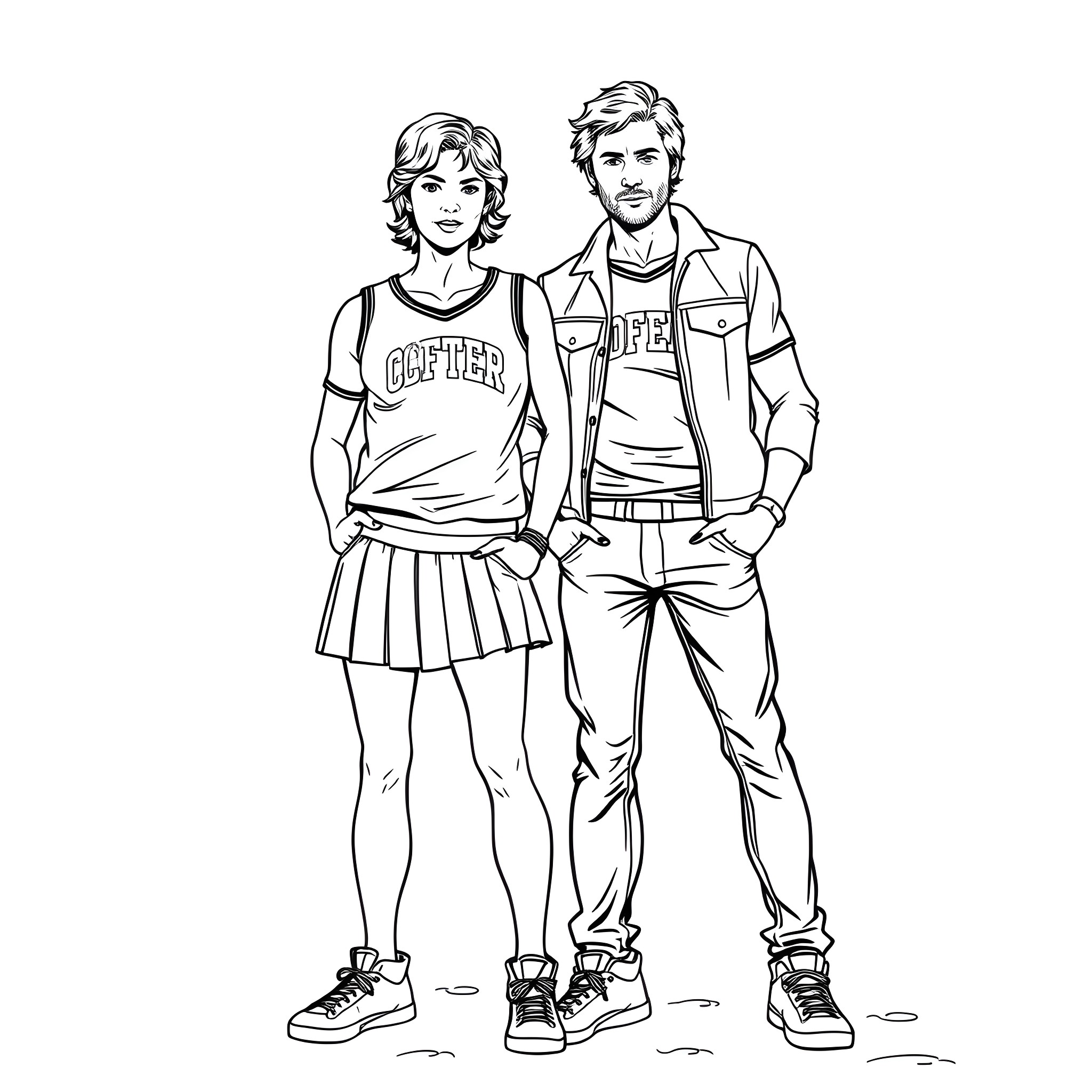Sam and Dean Winchester dressed casually, standing together Coloring Page (free black-and-white line drawing printable PDF for all, from beginners to advanced learners, including children, teens, adults, and seniors)
