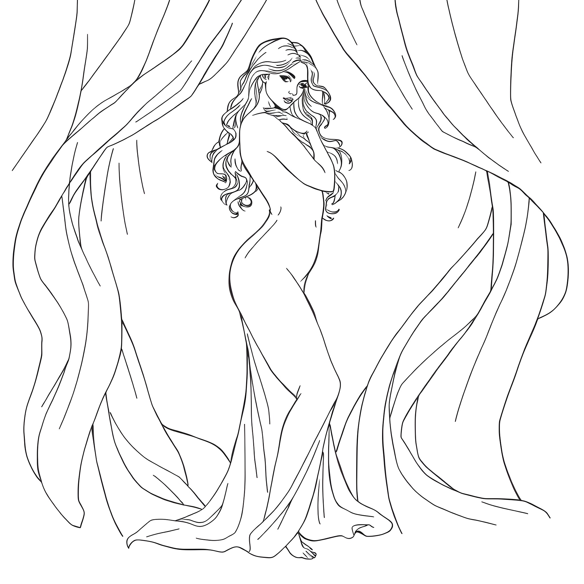 Lady in elegant flowing dress Coloring Page (free black-and-white line drawing printable PDF for all, from beginners to advanced learners, including children, teens, adults, and seniors)